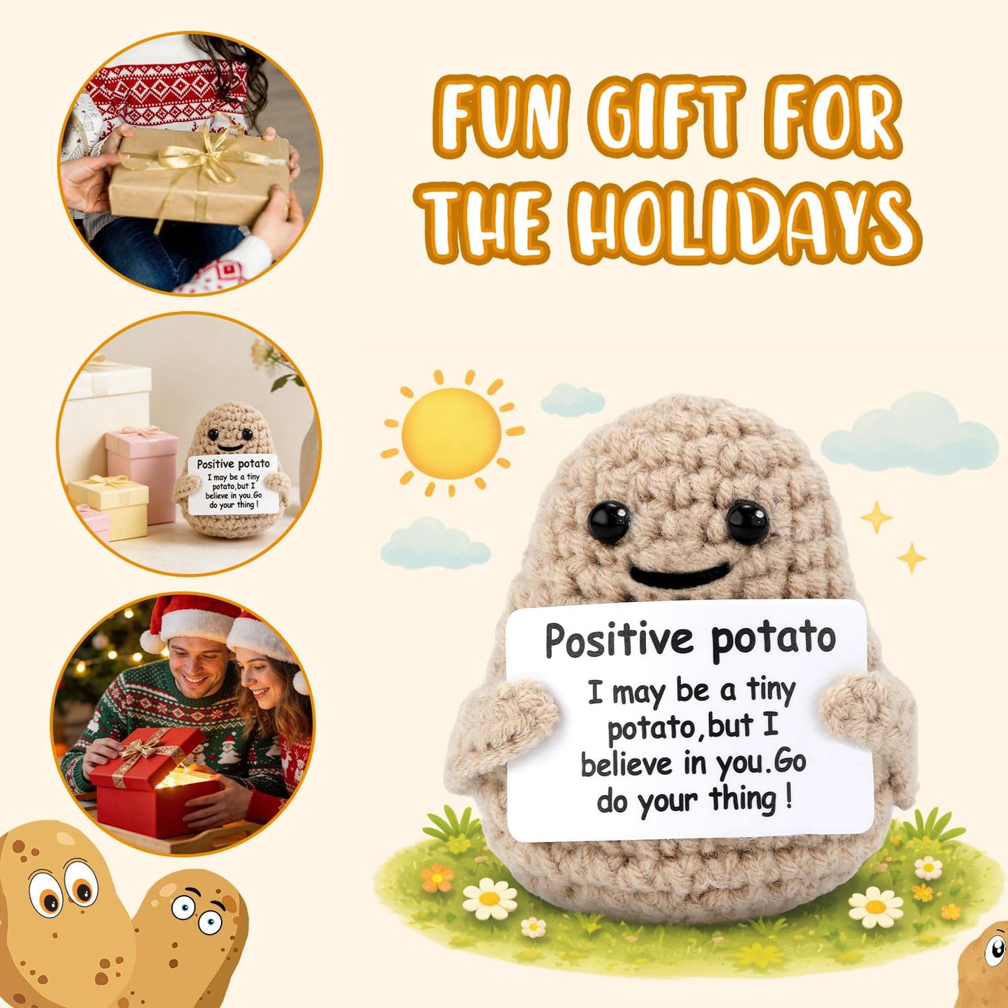 Mini Funny Knitted Wool Potato Toy with Positive Card - Creative Cute Crochet Doll Cheer Up Gift for Friends Parties Women Men Mothers Day Graduation Decoration and Encouragement