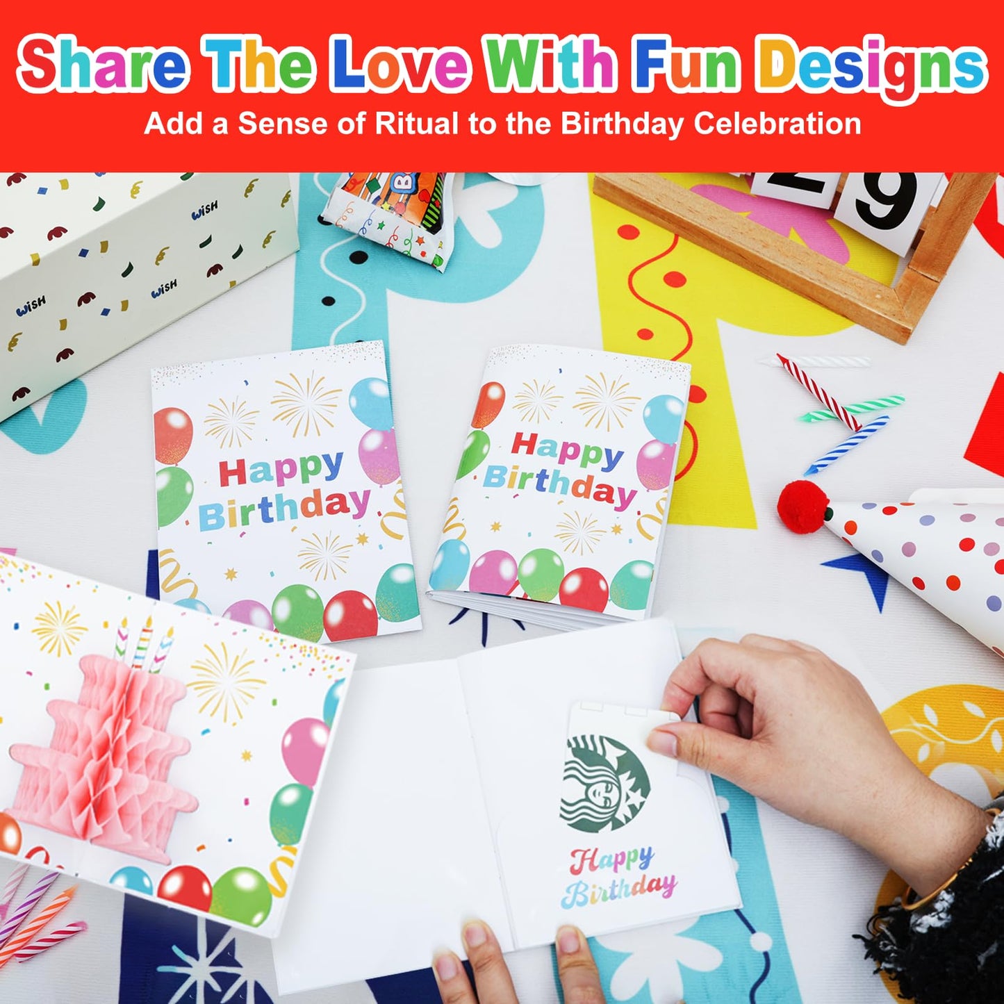 6 Slots 3D Happy Birthday Gift Card Booklet with Envelopes 3D Honeycomb Birthday Money Holder for Cash Gifts Surprise Money Card Sleeves Book Money Gift Ideas for Teacher Employee Friends (Colorful)