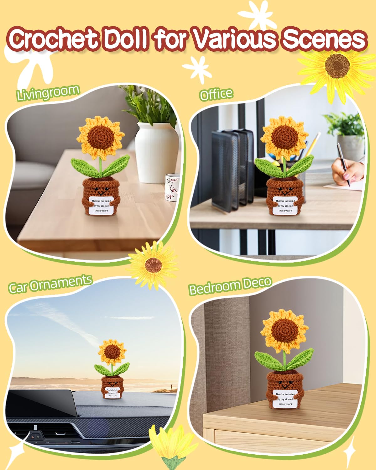 1pcs Knitted Flowers Sunflower Gifts for Women Handmade Knitted Planters with Card Crochet Gifts Birthday Gifts for Women Mom Family Friend Teacher Coworker Xmas Party(Thank)
