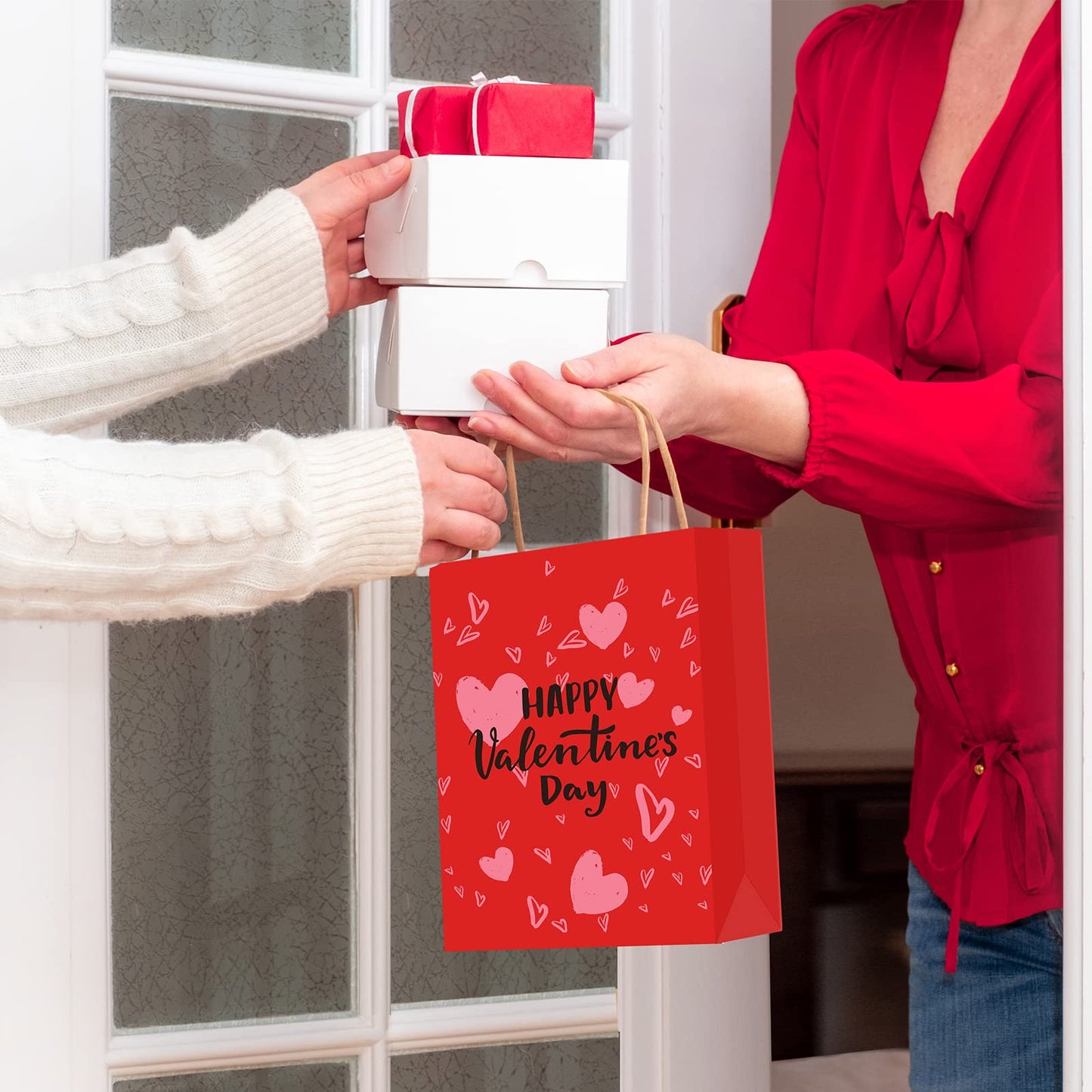 Spakon 8 Pcs Valentines Day Gift Bags Valentines Paper Gift Bags with Handles Bag for Cards, Galentines, Teacher Present, Classroom Party, Wedding Birthday Party Favor (5.5 x 4 x 2.75 Inch)