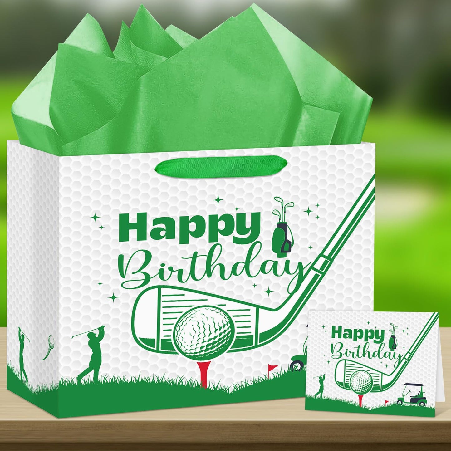 Hooqict Golf Gift Bag Happy Birthday Party Gift Bag with Handles, Wrapping Paper, Greeting Card for Boys Kids Men Golf Themed Birthday Decorations Sports Party Supplies
