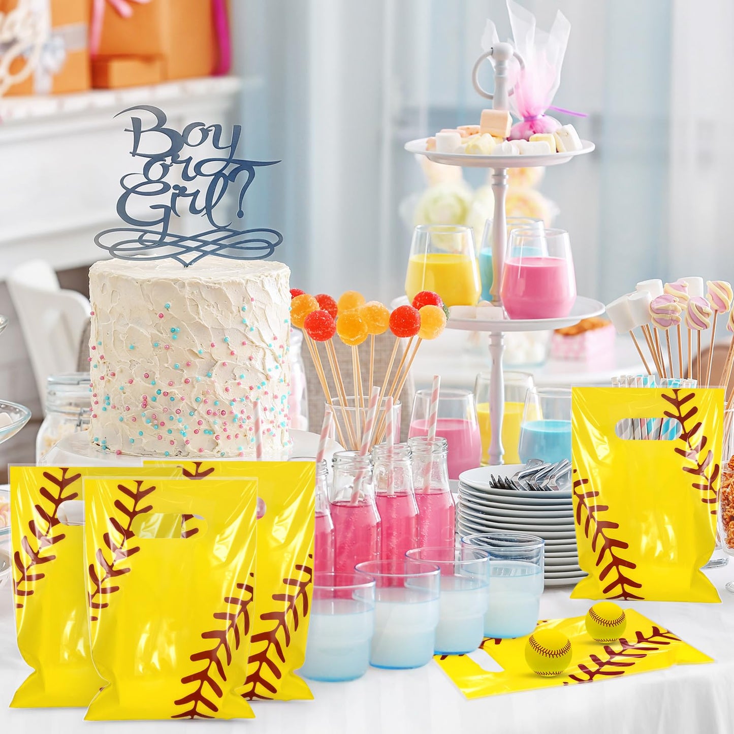 Hxezoc 50 Pieces Softball Gift Bags with Handle, Plastic Treat Candy Bag Sport Favor Bags For Kids Birthday Party Decoration Supplies (Yellow)