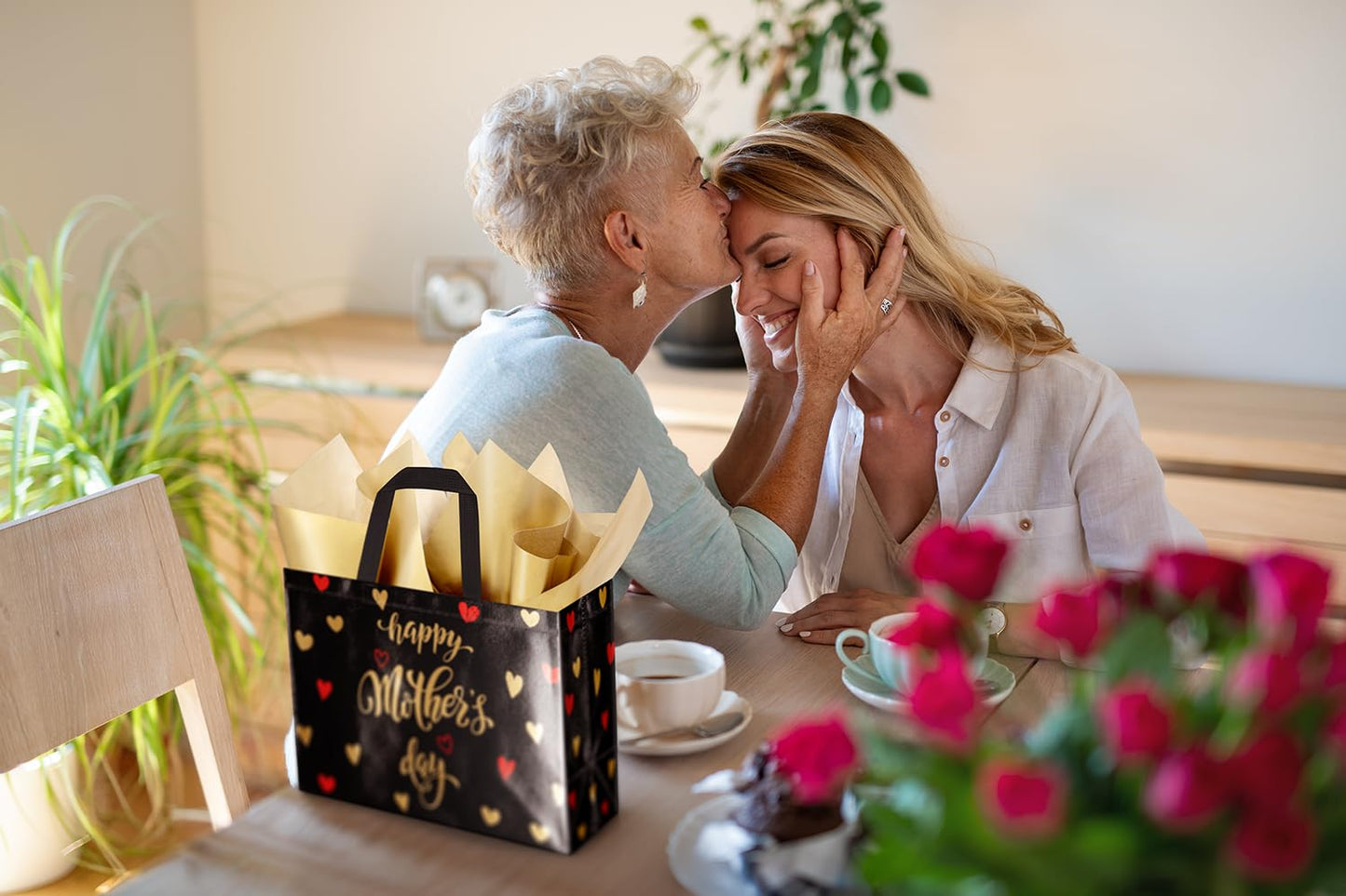 ysmile 2 Pack Mother’s Day Gift Bags with Tissue Paper & Cards – Reusable Non-Woven Gift Totes for Mom, Grandma, Grandmother (12.6", Pink & Black Gold)