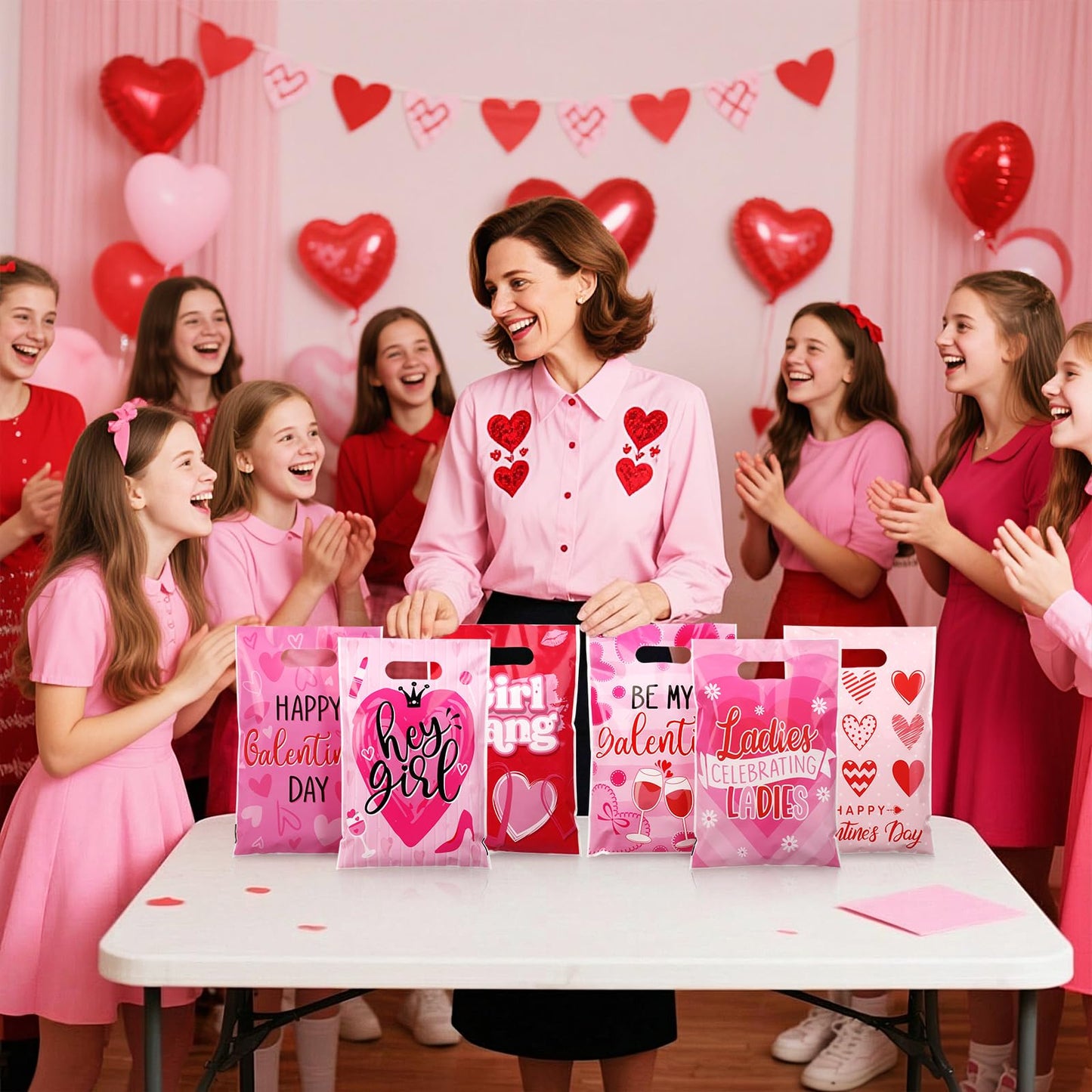 Teenyyou 60 Pcs Galentines Day Gift Bags Pink Red Plastic Heart Treat Bags Small Valentines Goodie Handbags for Women Sweet Day Friendship Party Supplies