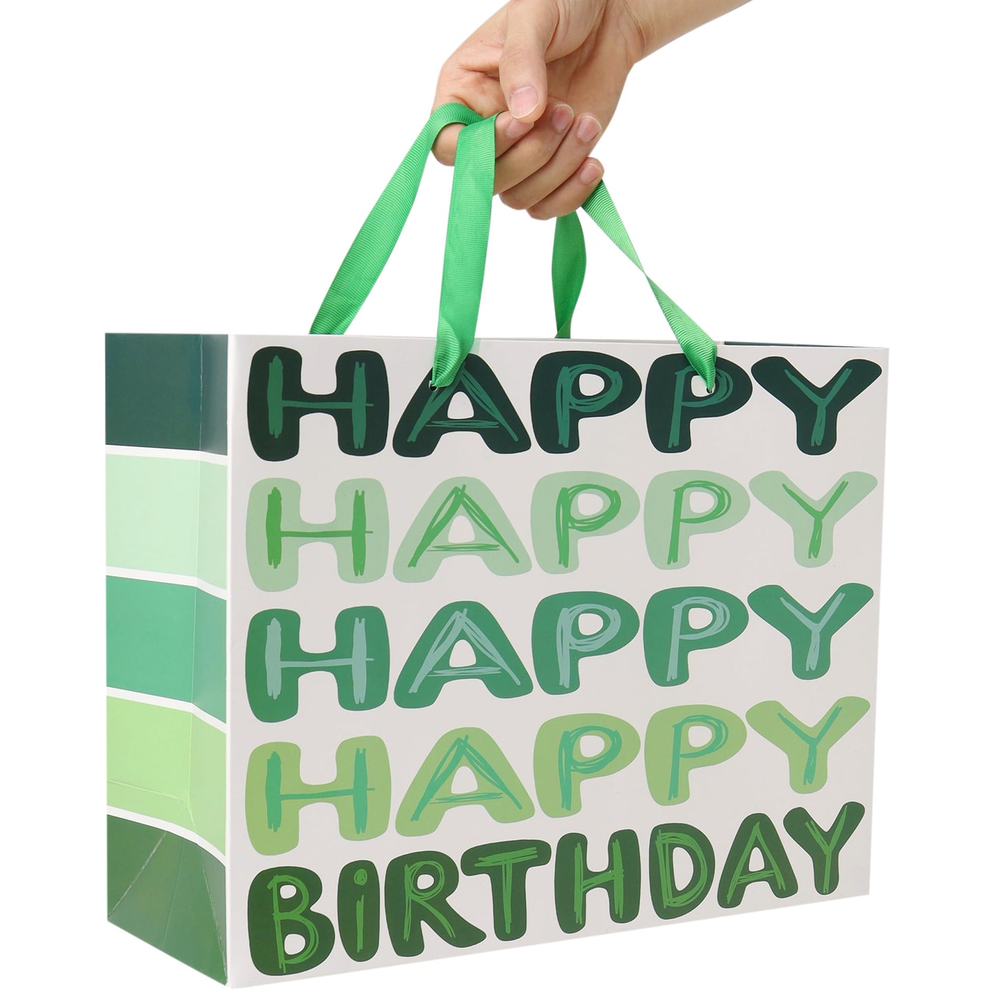 Qirrmiy 13'' Large Green Happy Birthday Gift Bag Set with Handles, Greeting Card, Tissue Papers and Stickers for Women Girls Men Boys Kids Teens, Words Design, 1 Pcs