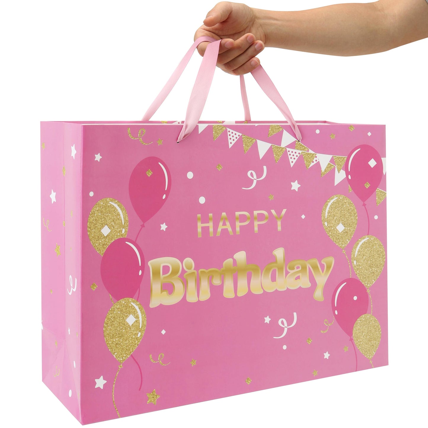 Qirrmiy 16.5" Extra Large Pink Happy Birthday Gift Bag Set with Handles, Greeting Card, Tissue Papers and Stickers for Women Girls, Balloons Design, 1 Pcs