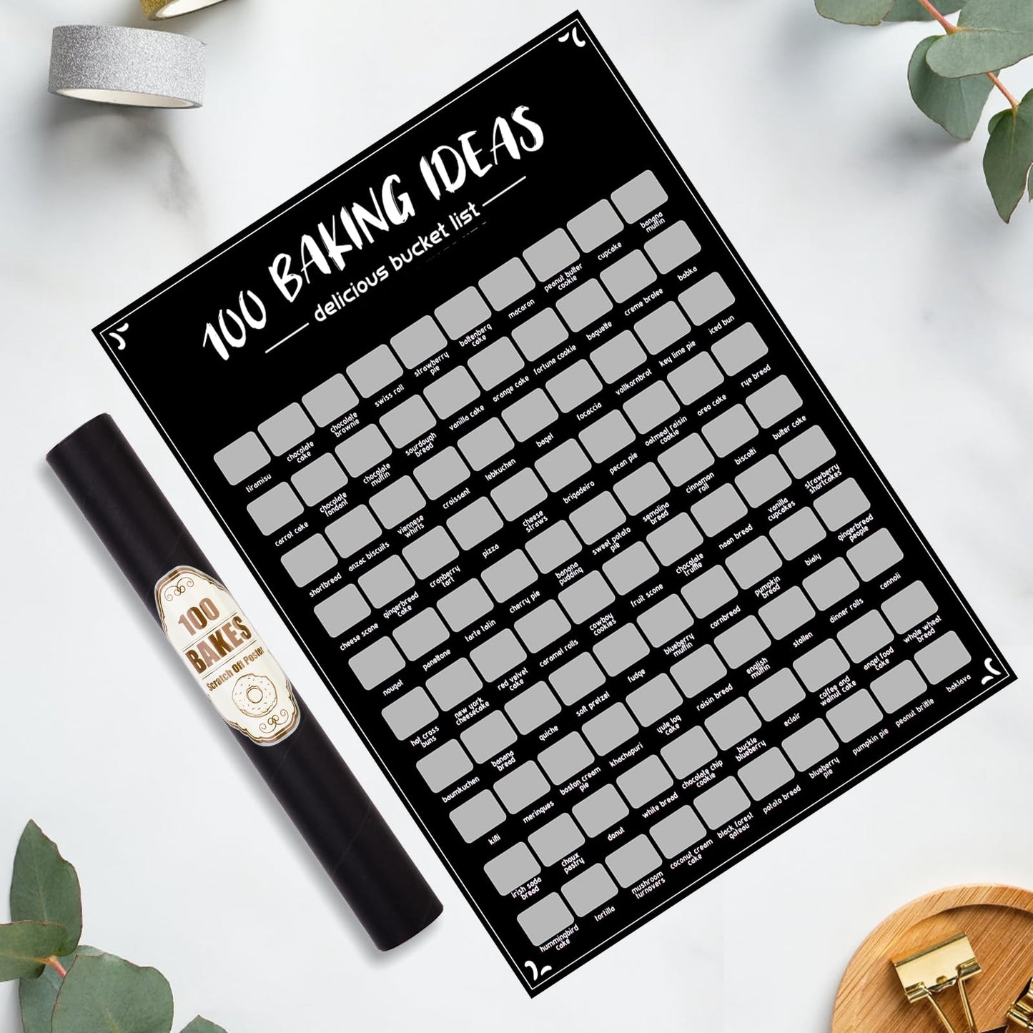 EIHFHIE 100 Bakes Scratch Off Poster, Baking Bucket List Scratch Off Poster, Personalised Baking Gifts for Women Who Love to Bake, Fun Christmas Gifts for Bakers, Foodie Gift, Meal Planners