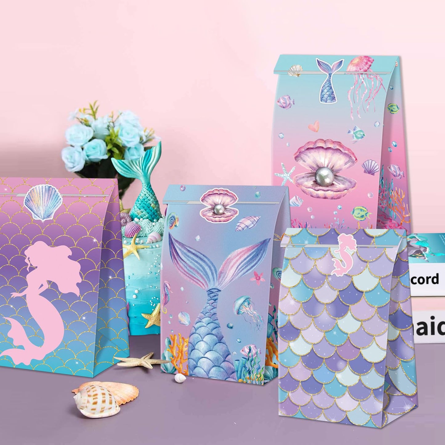 XJLANTTE 20 Pcs Mermaid Goodie Bags - Mermaid Party Favor Bags with Tail Stickers, Under The Sea Paper Gift Bags, Scale Party Bags for Kids Girls Under The Sea Themed Little Mermaid Party Decorations
