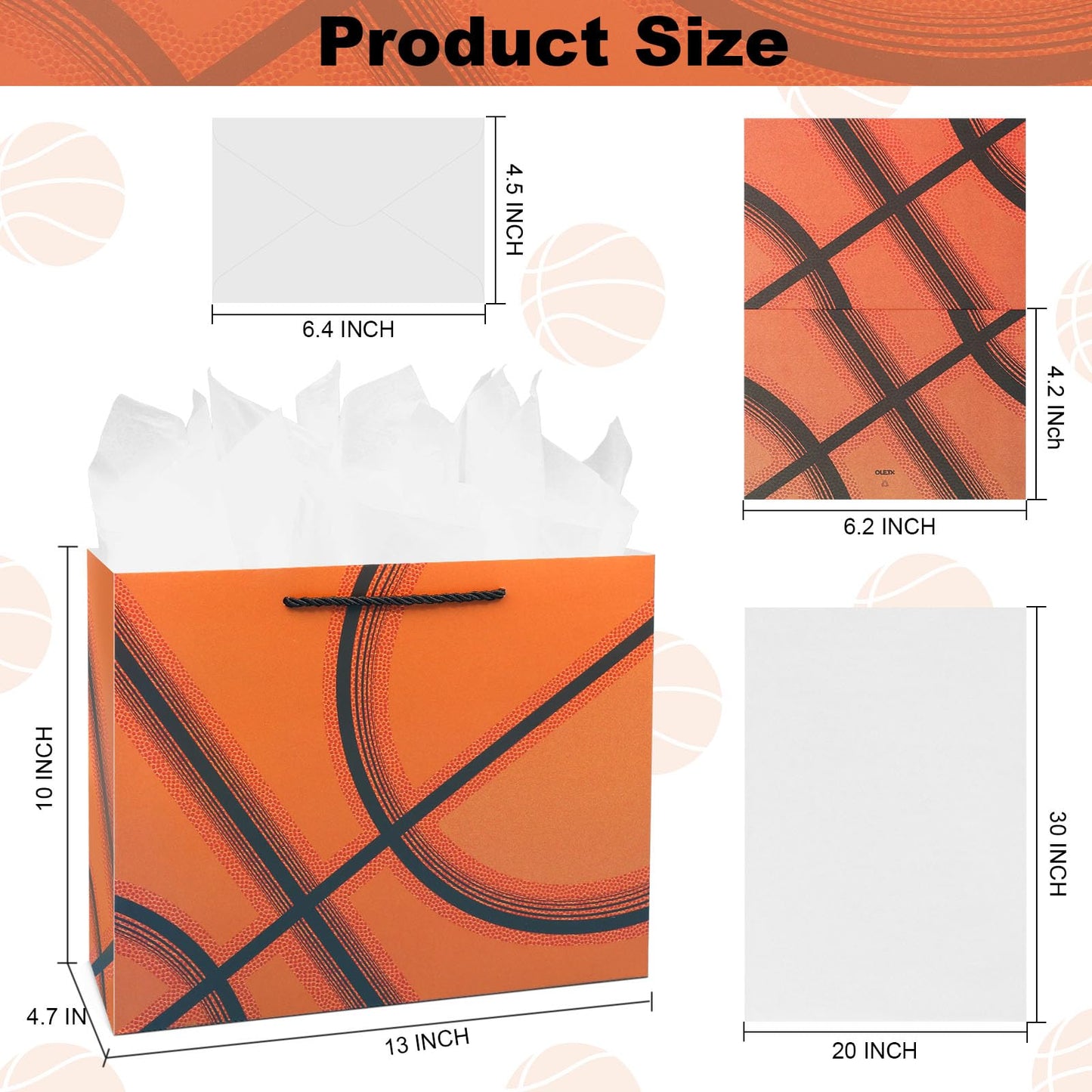 Oletx 13” Basketball Party Favor Gift Bags, Large Basketball Gift Wrapping Bag with Tissue Paper for Sports Party Birthday Goodie Gifts Treat Wrapping Bags