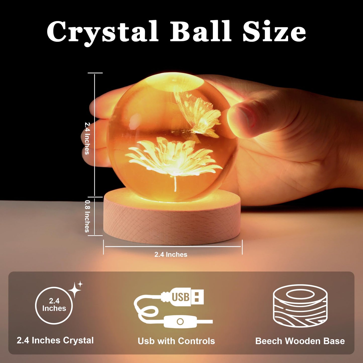 Butterfly Ideal Gifts for Mom, Butterfly Lover, Girlfriend, 2.4In Cute Crystal Ball Lamp with Wooden Base, Birthday, Mothers Day Gifts, Cute Butterflies Decor for Home Office Bedroom