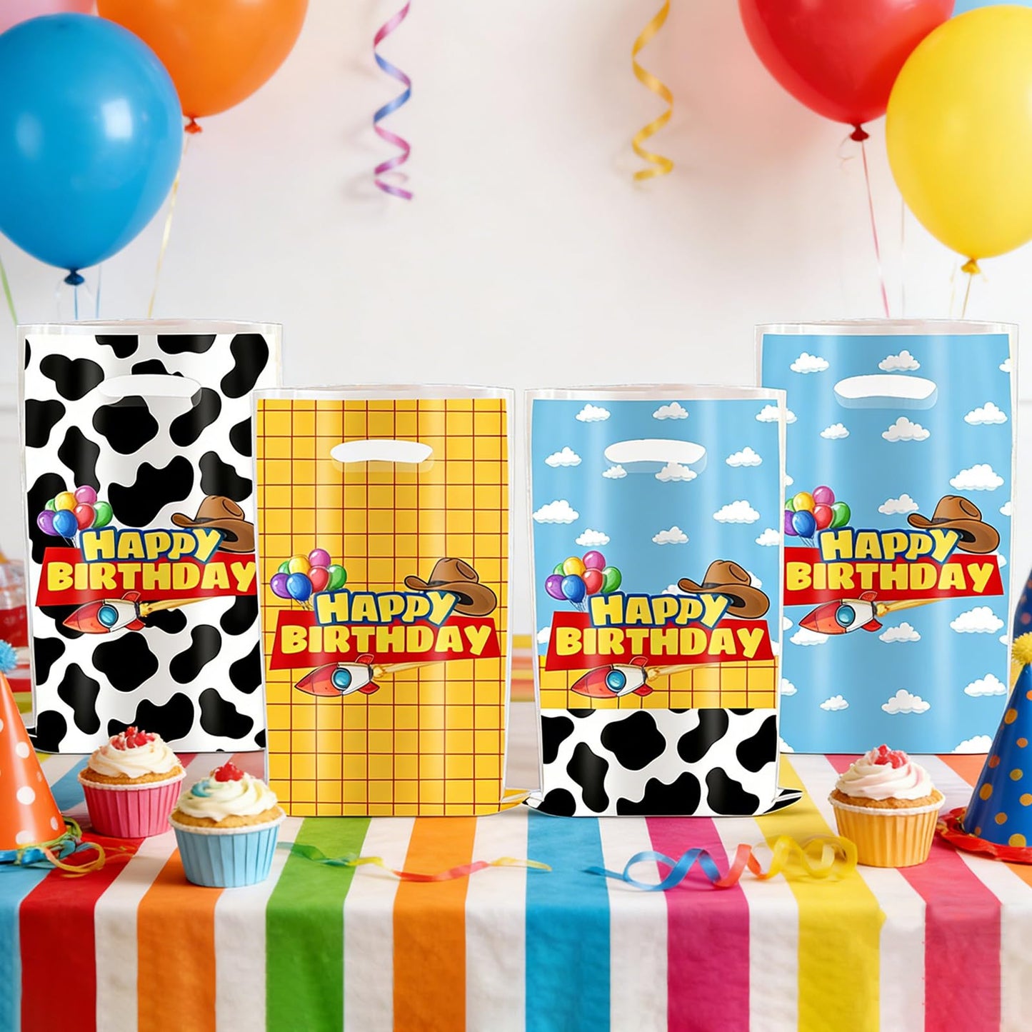 HJFZLY 30Pcs Cartoon Story Happy Birthday Party Favors Gift Bags lue Sky White Cloud and Cow Printing Candy Treat Plastic Bags for Cartoon Story Birthday Theme Party Decoration Supplies