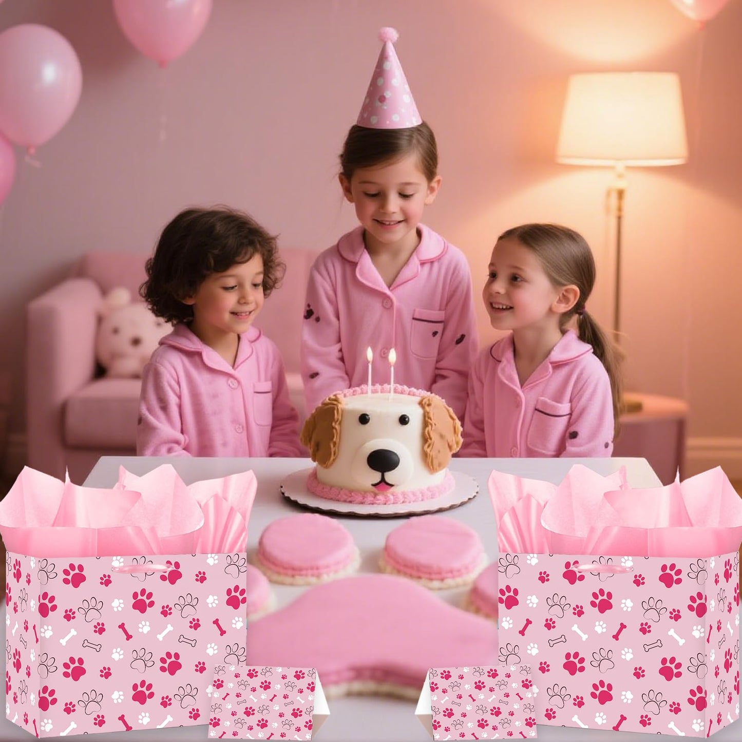 Pink Dog Paw Print Gift Bag Large Dog Birthday Gift Bag Paw Print Wrapping paper with Tissue Paper and & Card for Girl Boy Young Puppy Party Decorations Pet Themed Celebrations Birthday Party