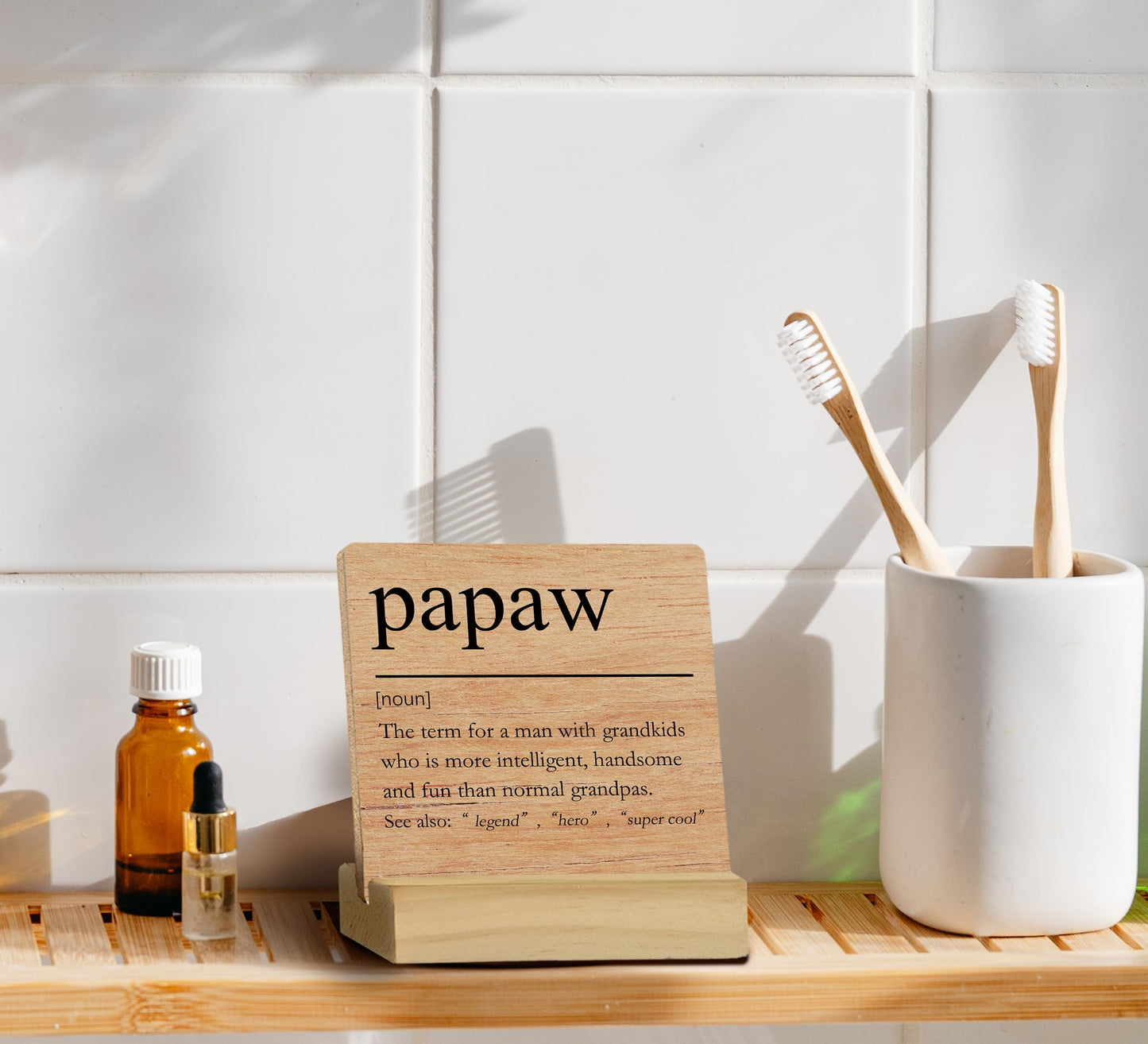 QASHWEY Papaw Gifts Desk Decor, Gifts for Papaws Grandpa, Papaws Gift for Grandpa Fathers Day, Grandpa Papa Gift Wood Table Signs, Papaw Definition Wooden Plaque with Wooden Stand for Room Home