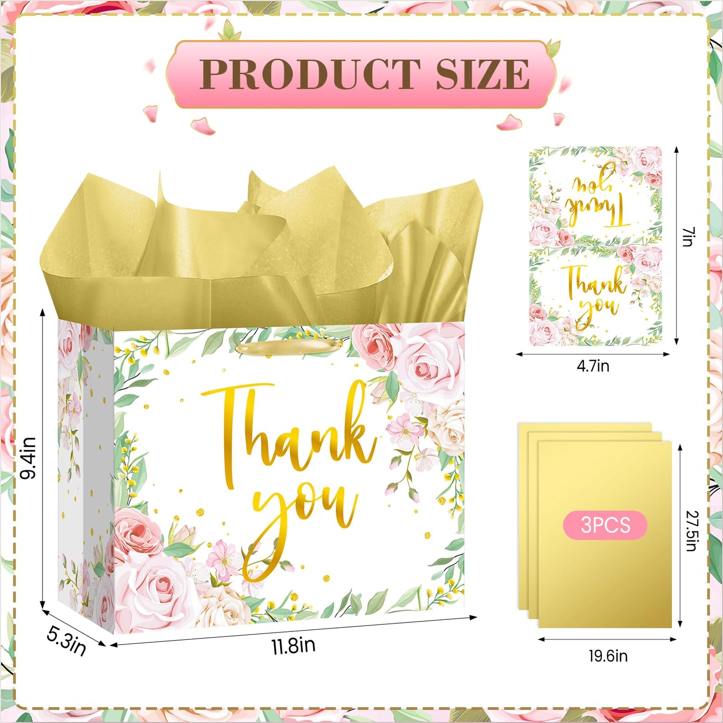 We Appreciate You Gift Bag Floral Thank You Gift Bag with Tissue Paper Greeting Card Appreciation Gifts Wrapping Paper with Handle for Business Retirement Wedding Teacher Birthday Party Supplies