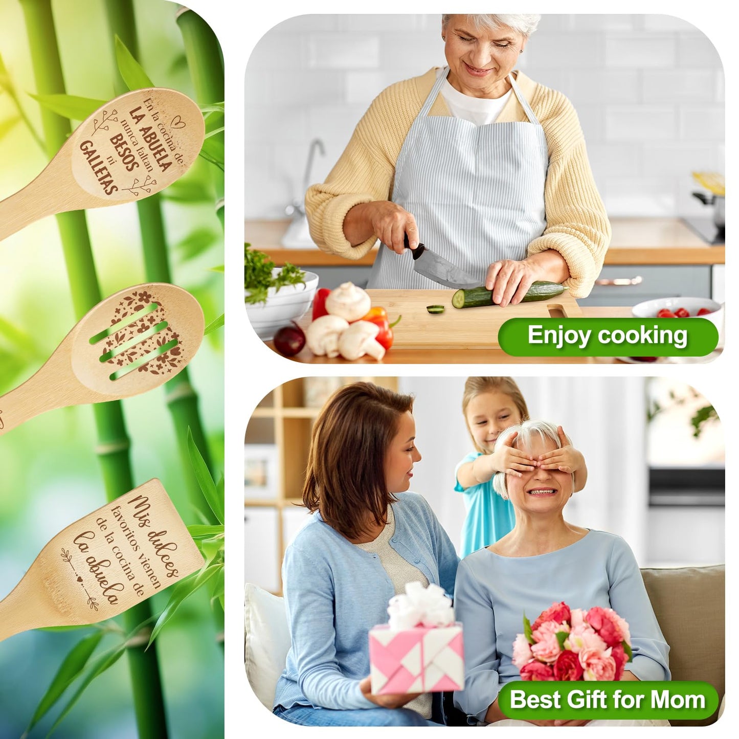 Maxdot 4 Pieces Mother's Day Spanish Gifts for Abuela Laser Engraved Bamboo Cutting Board Engraved Bamboo Cooking Board Gift Set for Grandma Mom from Daughter Grandchildren