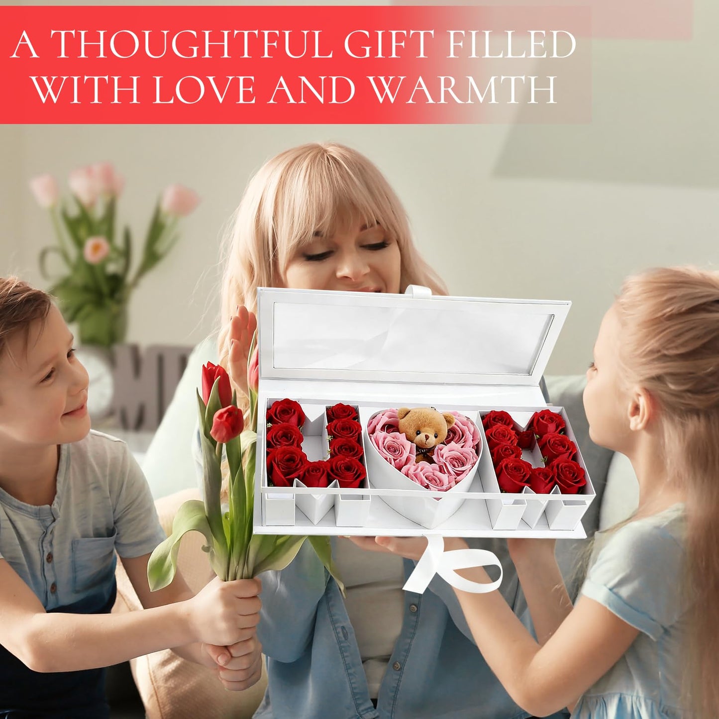 JarThenaAMCS 2Pcs Mother's Day Floral Paper Box Empty MOM Letter Shaped Flower Packaging Box for Birthday Party Favors Flower Candy Chocolate Decor, White