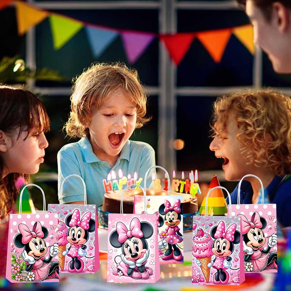 DSOE 12pcs Minnie Party Gift Bags with Handles,Boy and Girl Birthday Party Supplies for Minnie Party Decorations