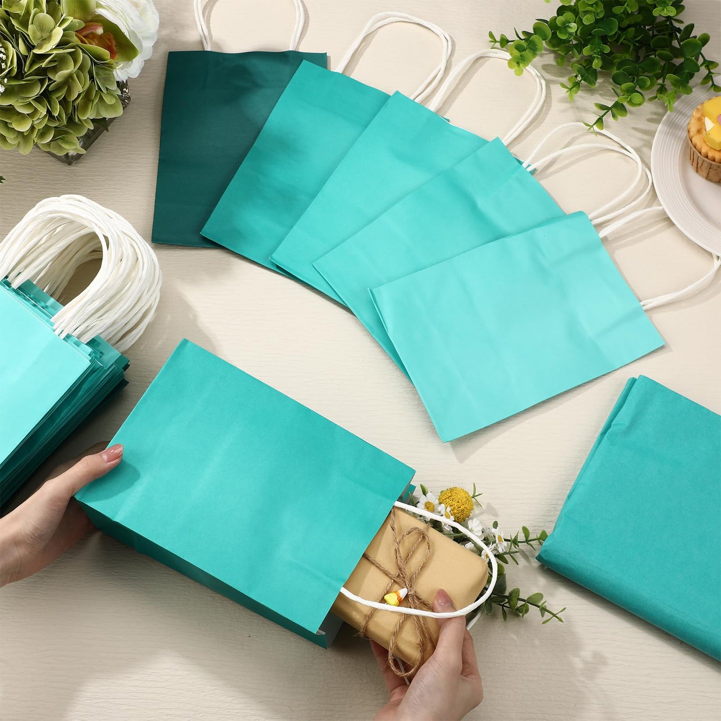Kolldenn 50 Set Teal Blue Gift Bags with Tissue Paper 8.27 x 5.91 x 3.15 Inch Small Paper Bags with Handles Thank You Gift for Baby Shower Bridal Shower Wedding Party Favors Goodies
