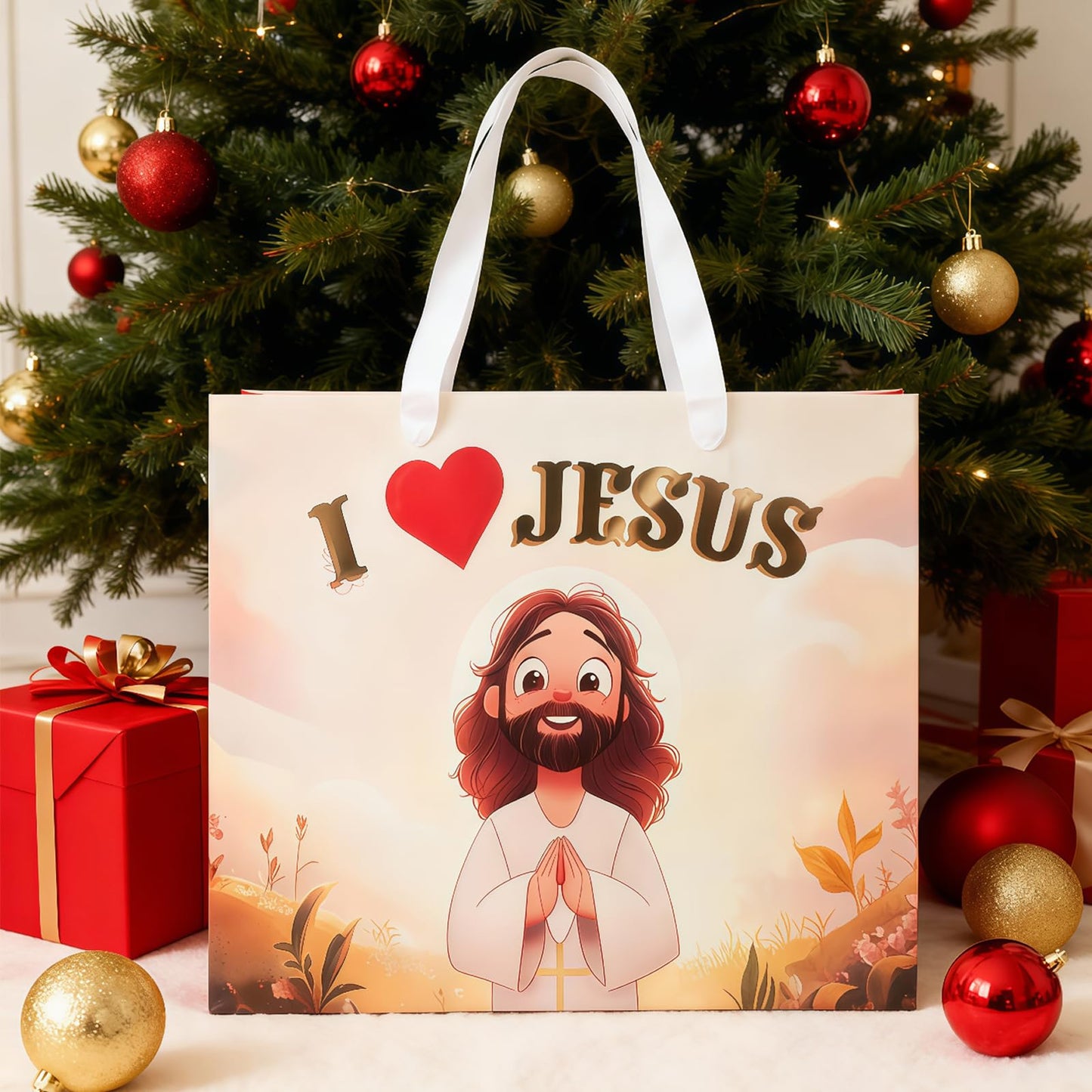 Pigeon Poros Baptism Gift Bag Set, Complete with Tissue Paper, Greeting Card & Envelope - Cute Chibi Jesus Design for Christian Gifts, Church Events, Religious Celebrations - 12.6x10.3x4.7 Inches, 1 Pc