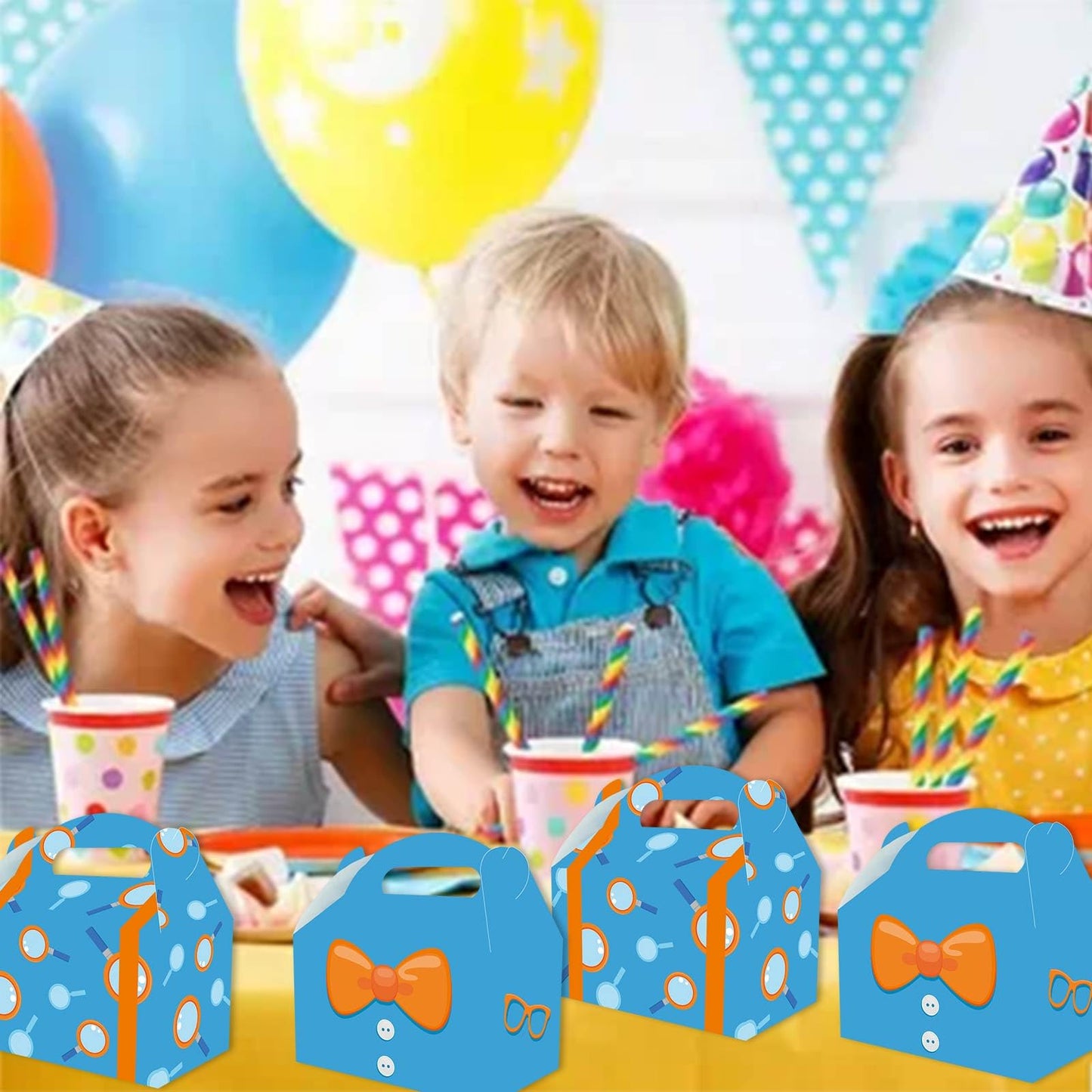 LeiGuoMinyyu 16pcs Cartoon Blue Birthday Party Candy Bags Yellow Bow Goodie Gift Boxes for Kids Boys Girls Theme Birthday Party Supplies Decorations