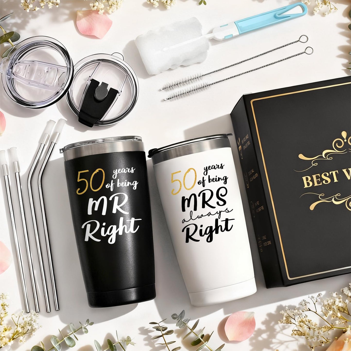 Lifecapido 50th Wedding Gifts, Couple Gifts Ideas for Parents Friends Hunsband Wife, 50th Mr Right & Mrs Always Right Tumbler Set with Lid & Straw(20oz, Black & White)