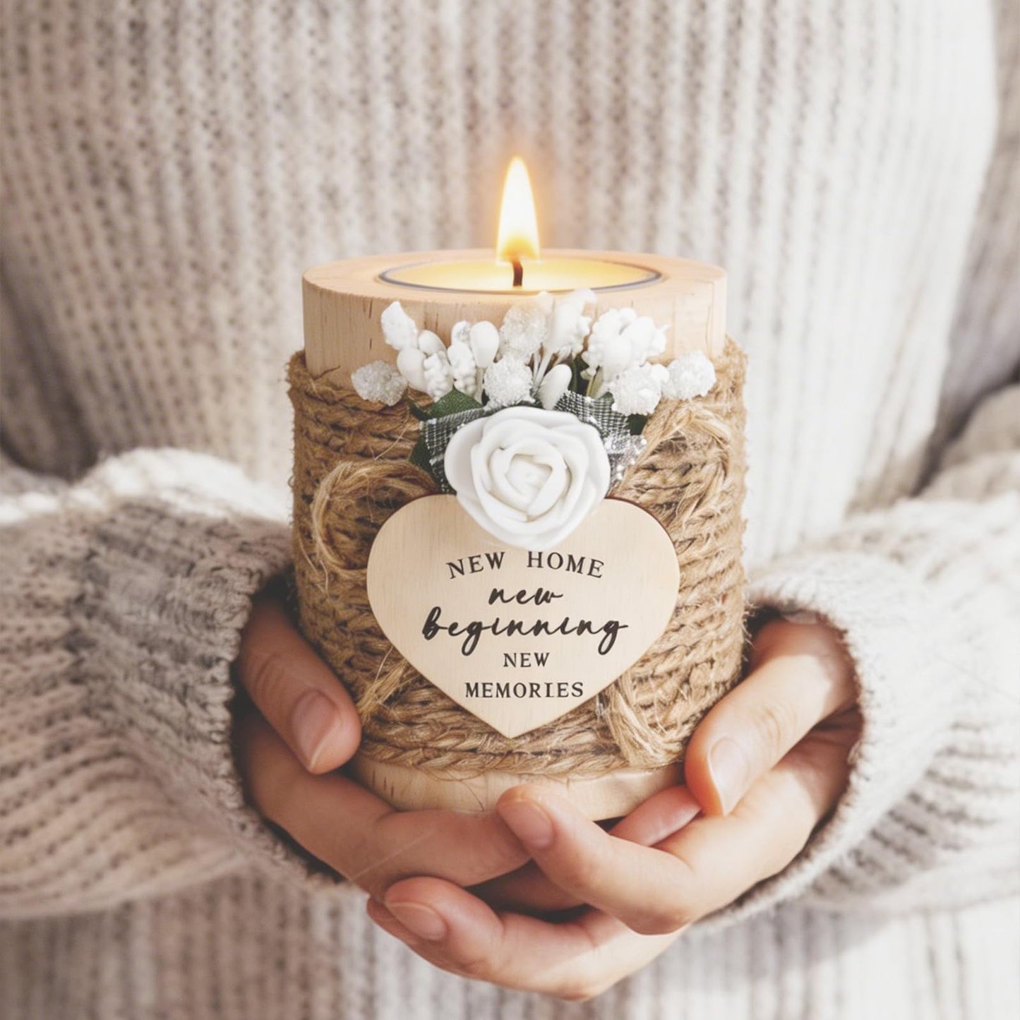 House Warming Gifts - New Home Gifts for New Homeowners, Women, Friends, Family, Wooden Candle Holder Set with 4 Tea Lights & Candle Mats - New Beginning Warming Gift Ideas for Party Decor