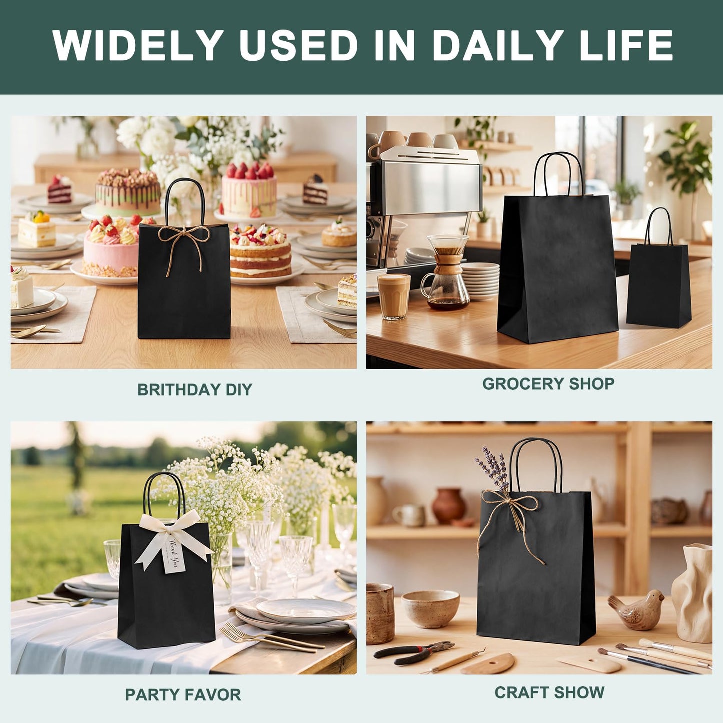 METRONIC 20 Pack 5.25x3.75x8 Small Black Gift Bags, Kraft Paper Shopping Bag with Handles for Small Business, Boutique, Gift Wrap, Bulk