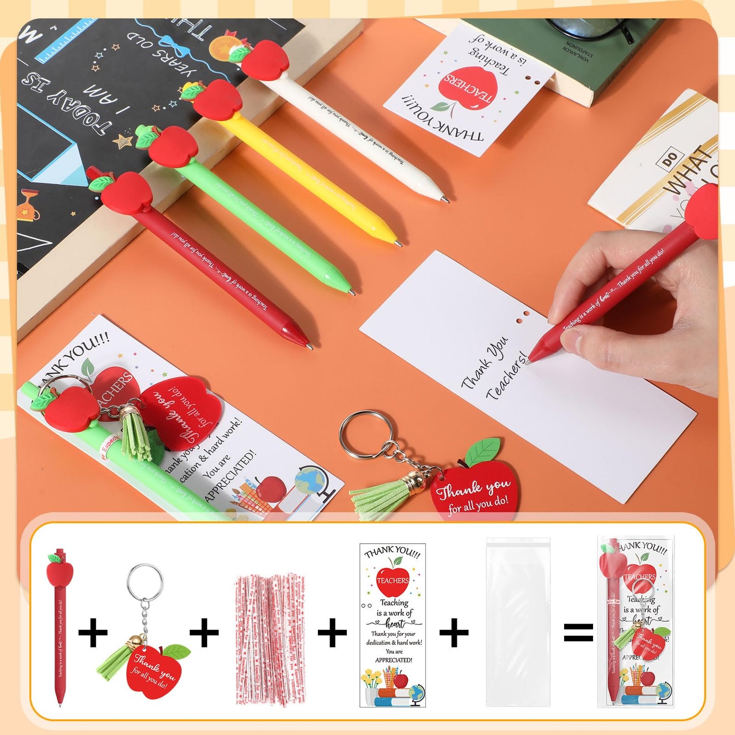Kosiz 24 Sets Teacher Appreciation Gifts Bulk for Women Men Include Retractable Ballpoint Pens Thank You Keychain End of Year Gifts Greeting Card with Ties(Apple)
