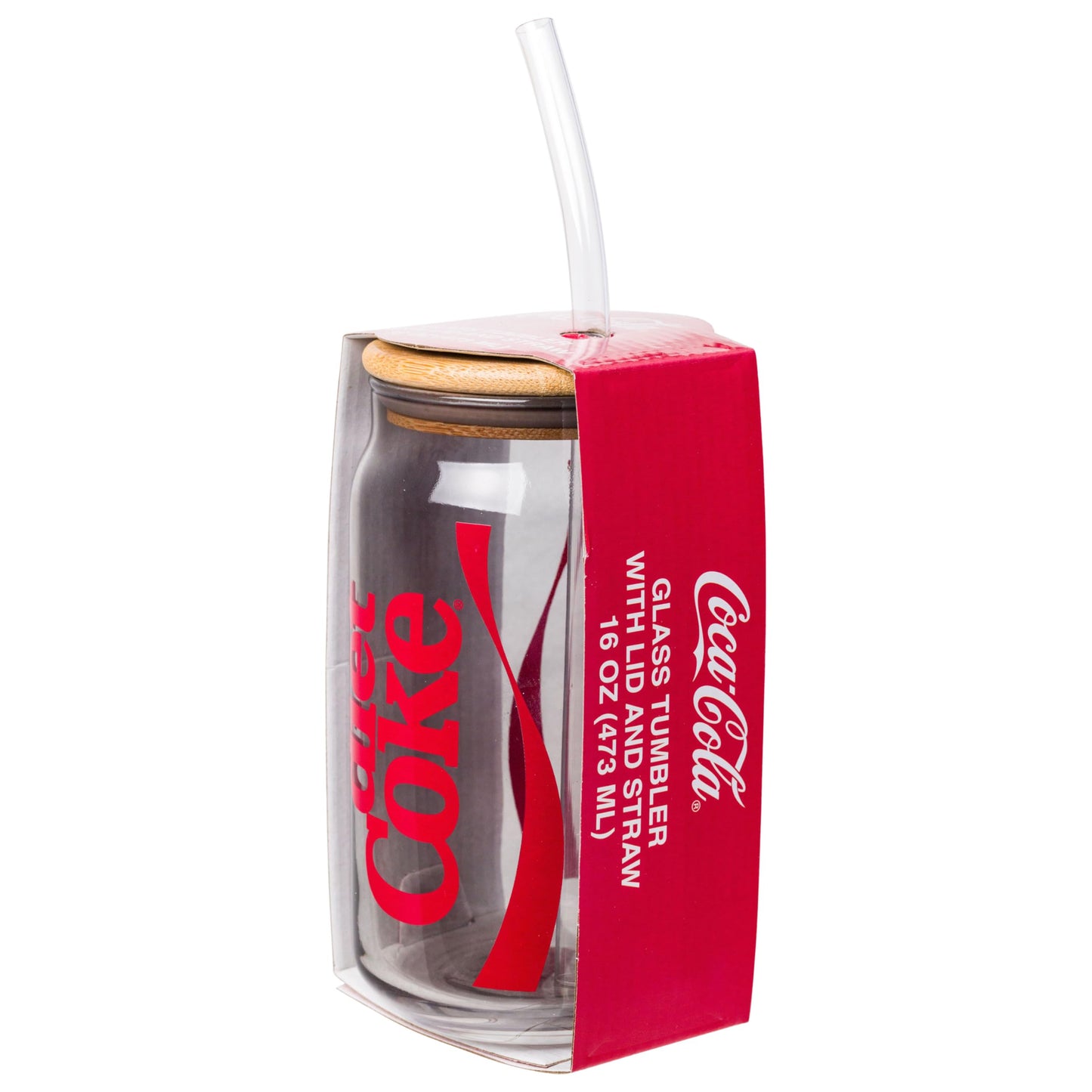 Silver Buffalo Coca-Cola Diet Coke Glass Tumbler with Bamboo Lid and Plastic Straw, 16 Ounces