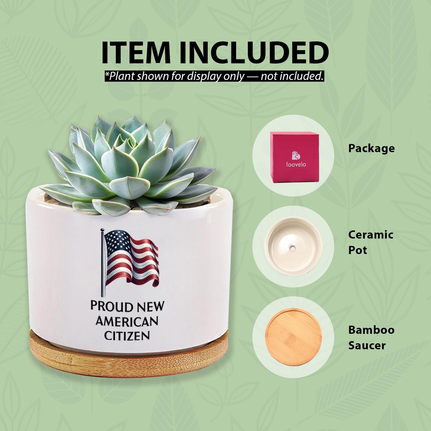 Proud New American Citizen US Citizenship Gifts Celebrations American Flag Ceramic Succulent Plant Pot with Bamboo Tray Round Plant Lover Gifts Home Office Decor 3.5 Inch White (No Plants)