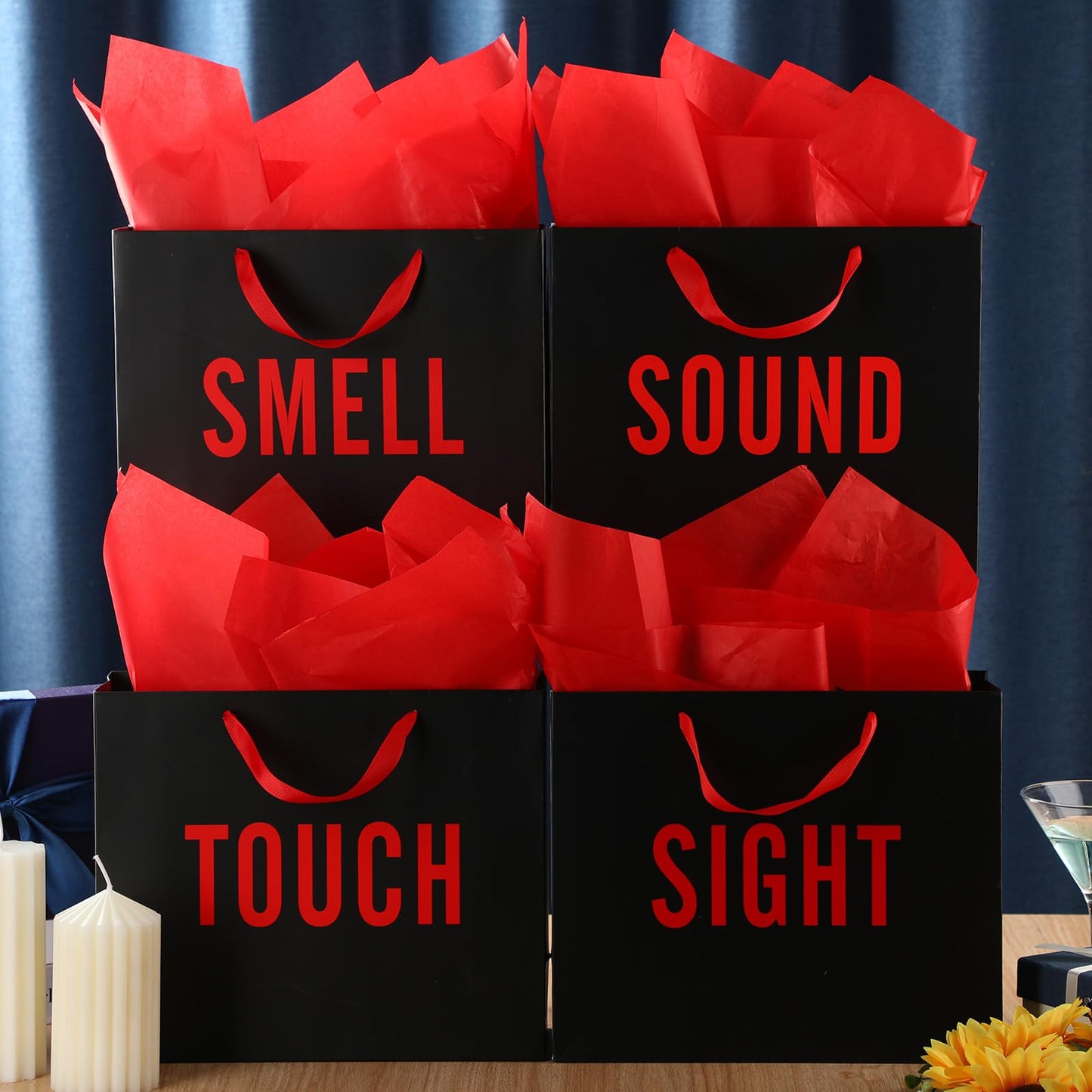 Kolldenn 5 Senses Gift Bags for Him and Her Five Senses Gift Bag with Ribbon Handles and Tissue Paper Present Wrappings for Valentine Wedding Birthday Mothers Day (Black Red,11.8 x 10 x 4 Inch)