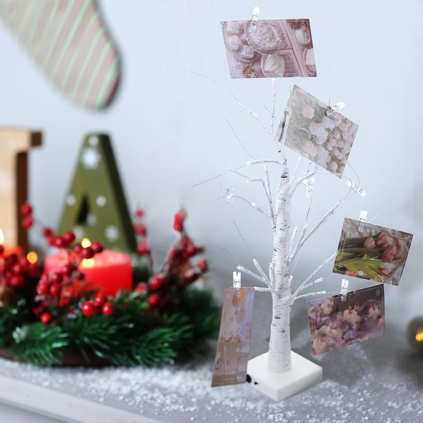 Retisee 2 Pieces Money Tree Gift Card Holder with 12 Clips & 24 LED Lighted Tips 2 FT White Birch Money Tree for Cash Memo Photo Picture Tabletop Display Christmas Birthday Party Wedding Gifts