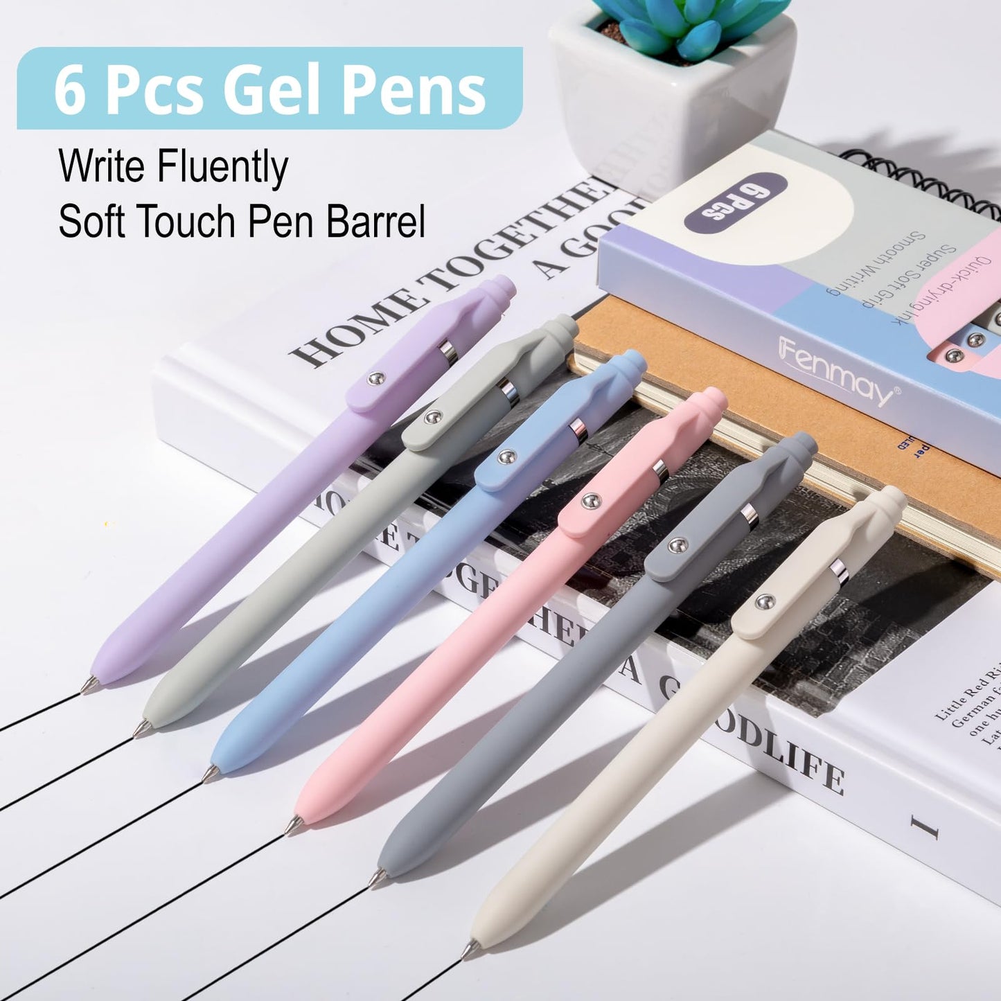 Fenmay Gel Pens, 6 Pcs Smooth Writing Pens No Bleed & Smear, Black Ink Cute Pens Fine Point (0.5mm), Retractable Aesthetic Pens School Office Supplies for Women & Men