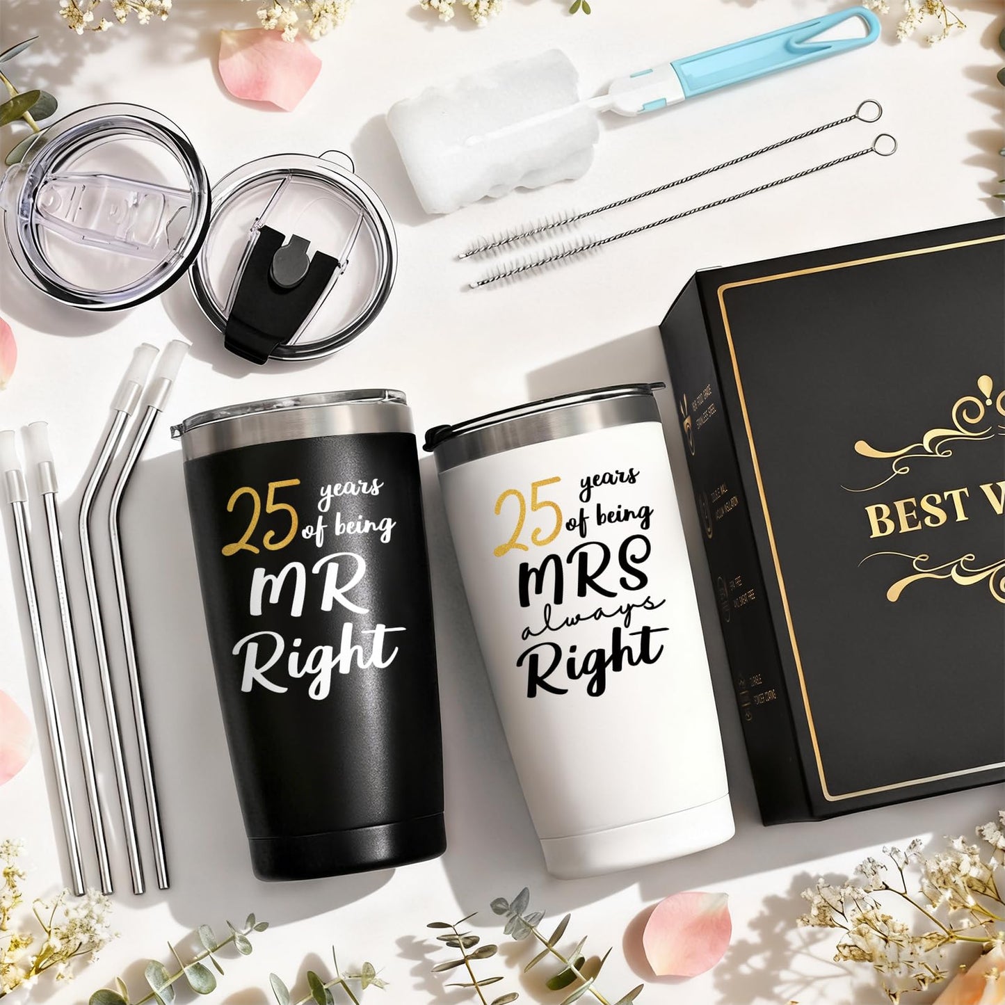 Lifecapido 25th Wedding Gifts, Couple Gifts for Parents Friends Hunsband Wife, 25th Mr Right & Mrs Always Right Tumbler Set with Lid & Straw(20oz, Black & White)