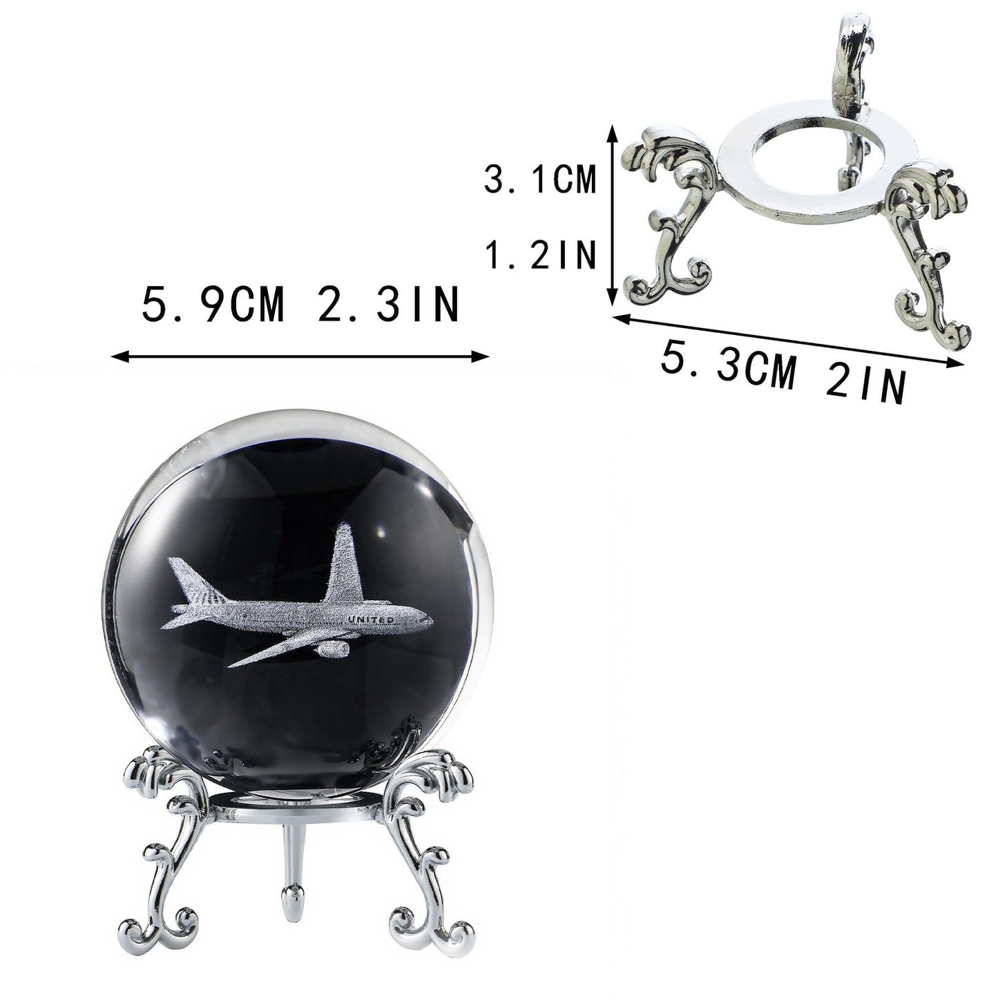 HDCRYSTALGIFTS 60mm 3D Lase Engraved Airplane Crystal Ball with Stand Glass Sphere Plane Paperweight Decor Pilot Gifts for Men Women