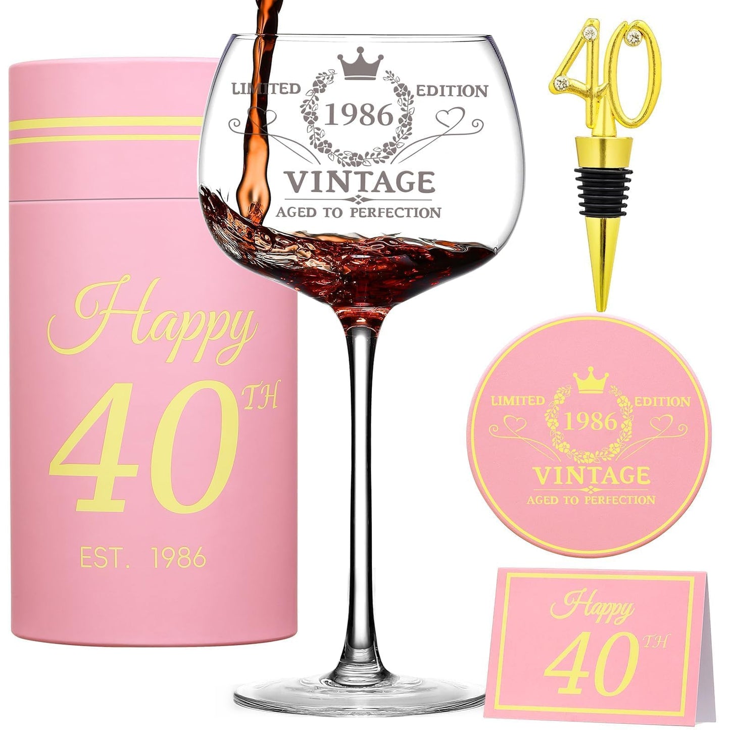 40th Birthday Gifts for Her - Limited Edition Wine Glass Gift Box Set - Unique 40th Bday Gifts Ideas for Women, Friends, Sister, Mom, Wife, Daughter - 40 Years Old Gift, Party Decorations Supplies