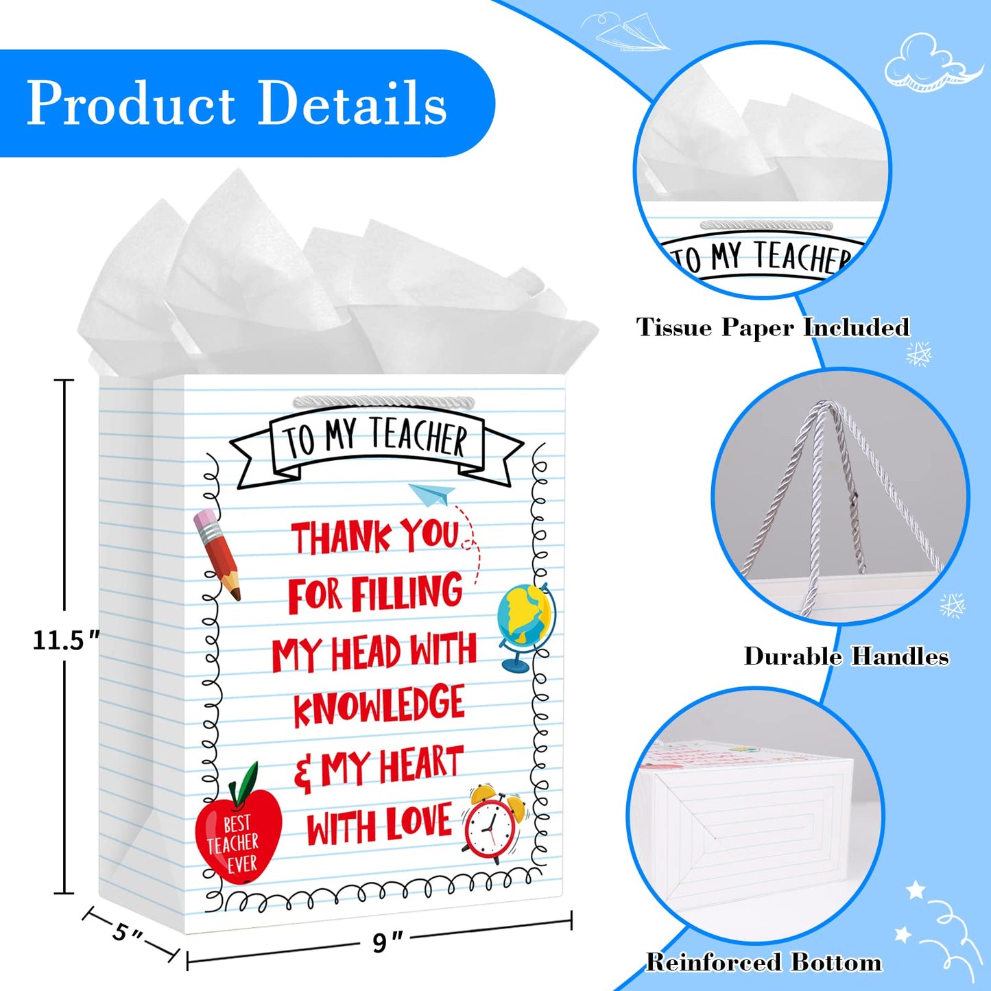 PETCEE Teacher Appreciation Gift Bags - 11.5" Teacher Gift Bags with Tissue Paper Thank You Teacher End of Year Gifts for Retirement Teachers Graduation Wrapping Paper Bag for Teachers Women Men