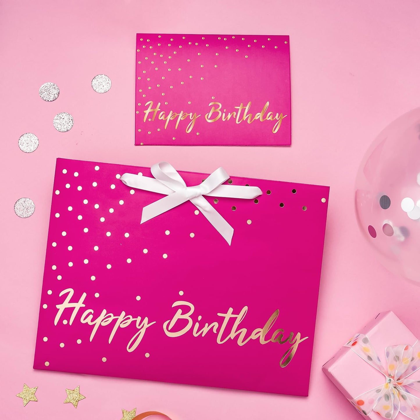 WRAPAHOLIC 13" Hot Pink Birthday Gift Bags with Tissue Paper and Card - Pink and Gold Foil Dots Bags for Girls Women Birthday Party Supplies