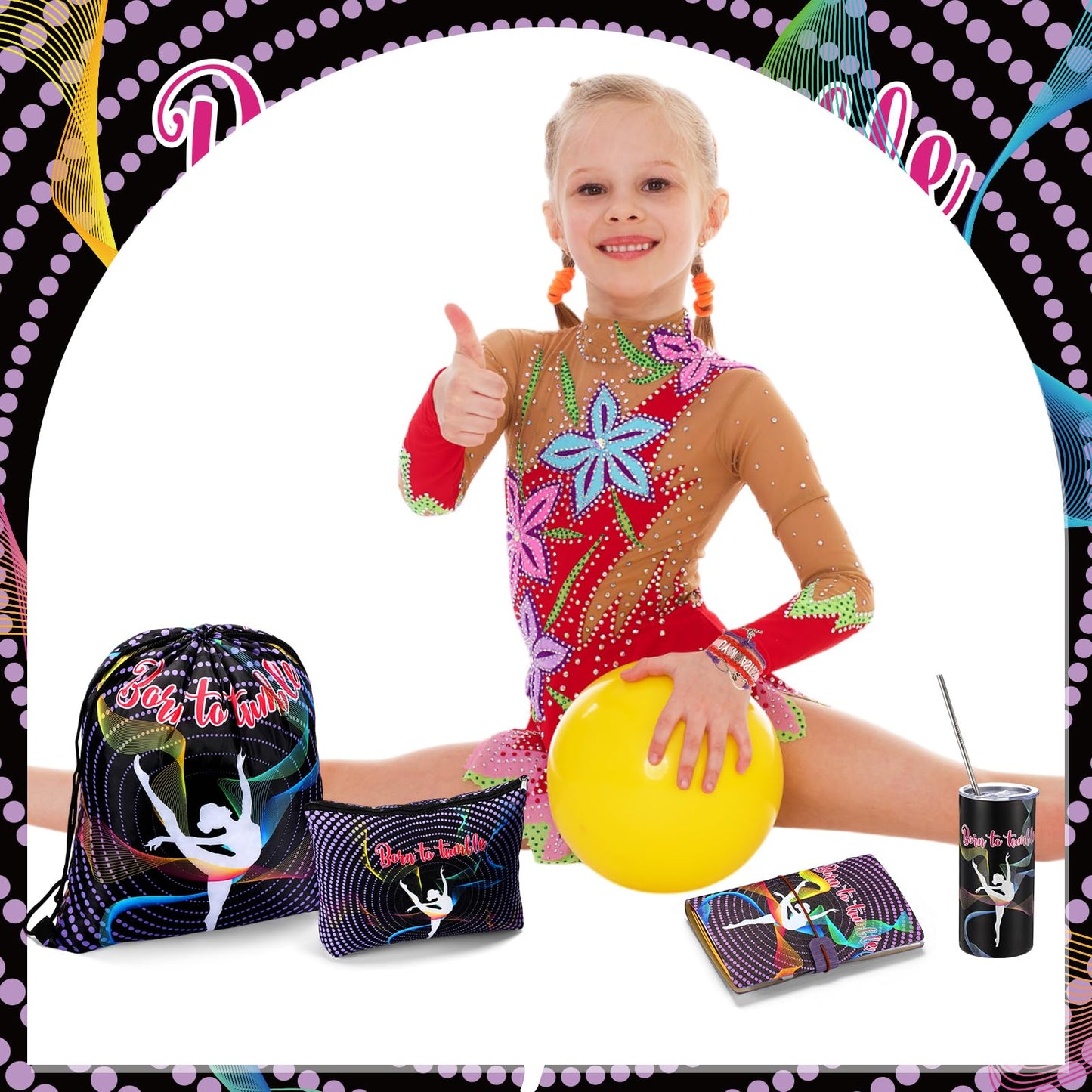 Patelai 11 Pack Gymnastics Gifts Set Gymnastics Drawstring Bag Hairband Bracelet Necklace Makeup Bag Keychain 15 oz Tumbler Cup with Lid Gym Gymnast Party Favors