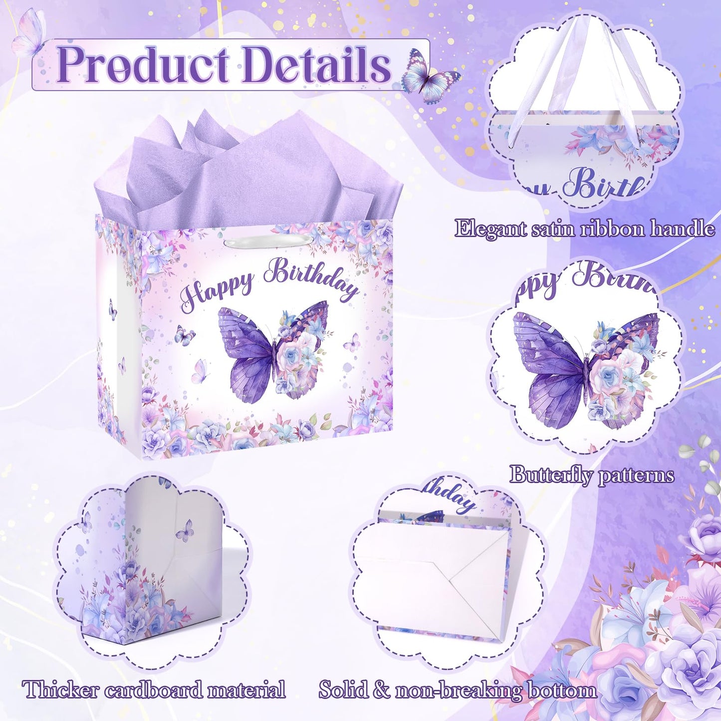 LUUFILx Butterfly Birthday Gift Bag for Girls Women Butterfly Flower Party Favor Bags with Wrapping Paper Card Purple Pink Floral Gift Bag for Baby Shower Birthday Decorations Party Supplies (Purple)