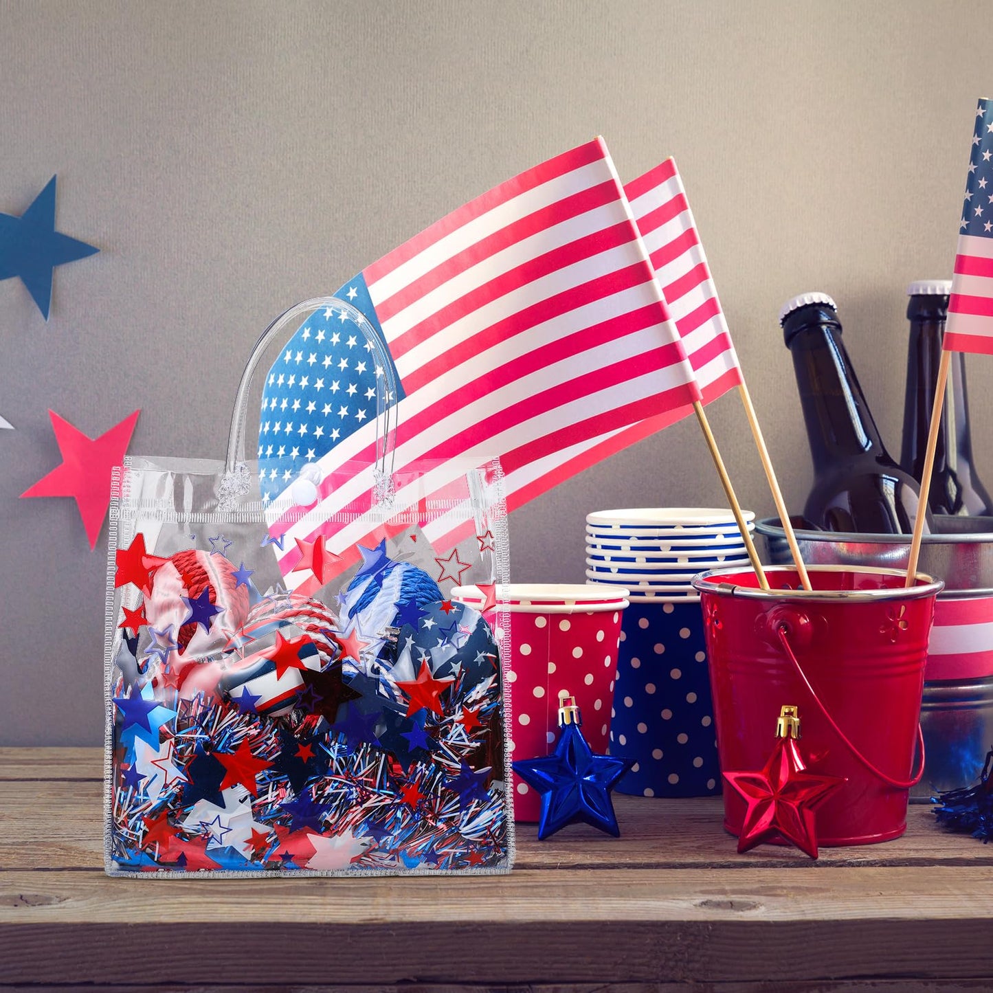 Kosiz 24 Pcs Patriotic Gift Bags Patriotic Party Favors Red White Blue American Star Clear PVC Gift Bags, Memorial Day Independence Day 4th of July with Handle for USA Party Supplies