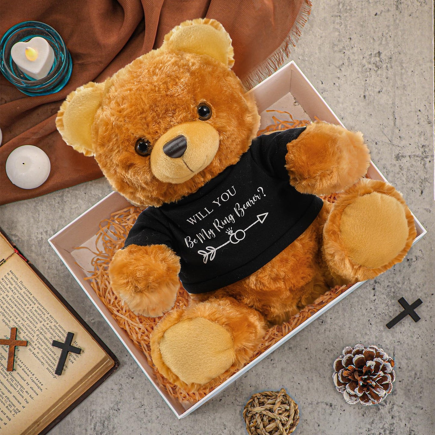 Jexine 2 Pieces Wedding 10 Inch Bear Stuffed Animal Will You Be My Flower Gril Bear Bearer Ring Proposal Gifts from Bride Groom with Clothing for Wedding Proposal Anniversary Party(Ring Bearer)