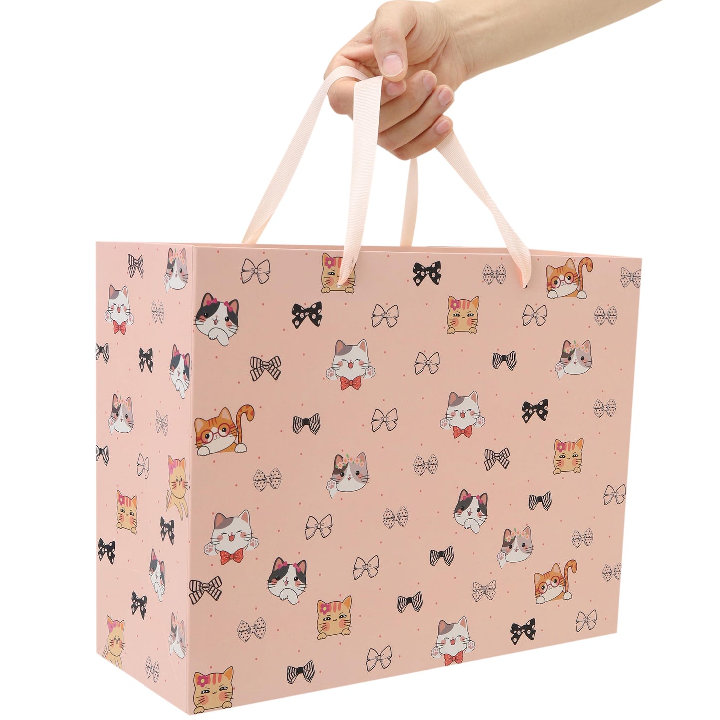 wishinside 13'' Large Cat & Bow Gift Bag Set with Handles, Greeting Card, Pink Tissue Papers and Stickers for Women Girls for Birthday, Wedding, Bridal Shower, Baby Shower, Cat Design, 1 Pcs