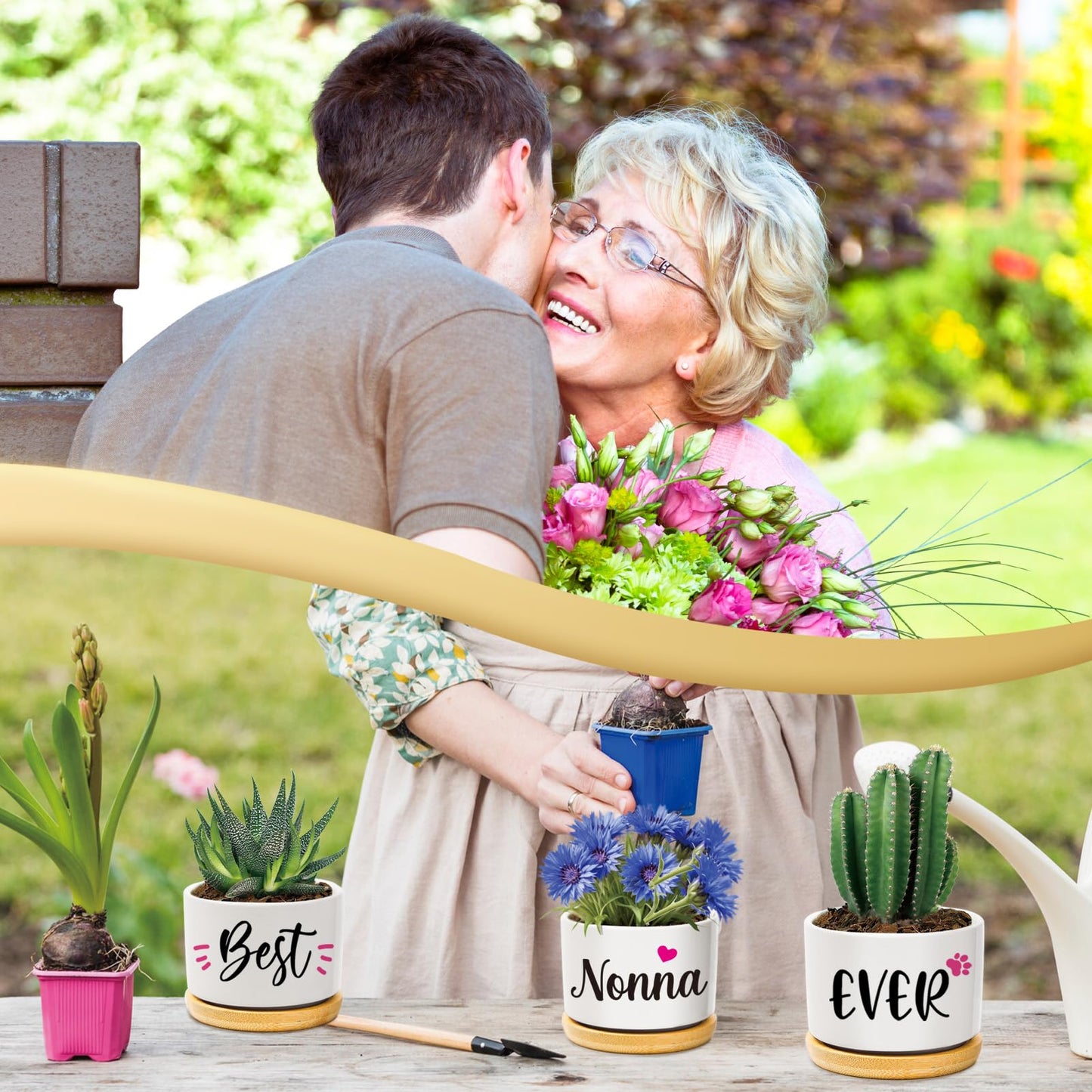 AceThrills Nonna Gifts for Birthday, Nonna for Nonnas from Grandkids, Unique Present on Thanksgiving Christmas - 3 Pcs 3.15" Succulent Pots with Bamboo Tray