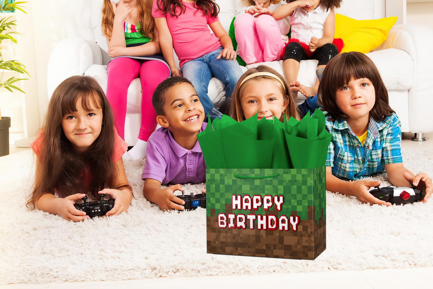 Ranfashiong 16" Extra Large Pixel Theme Birthday Boys Gift Bag with Tissue Paper and Card for Kids, Men Party Supplies (Green)