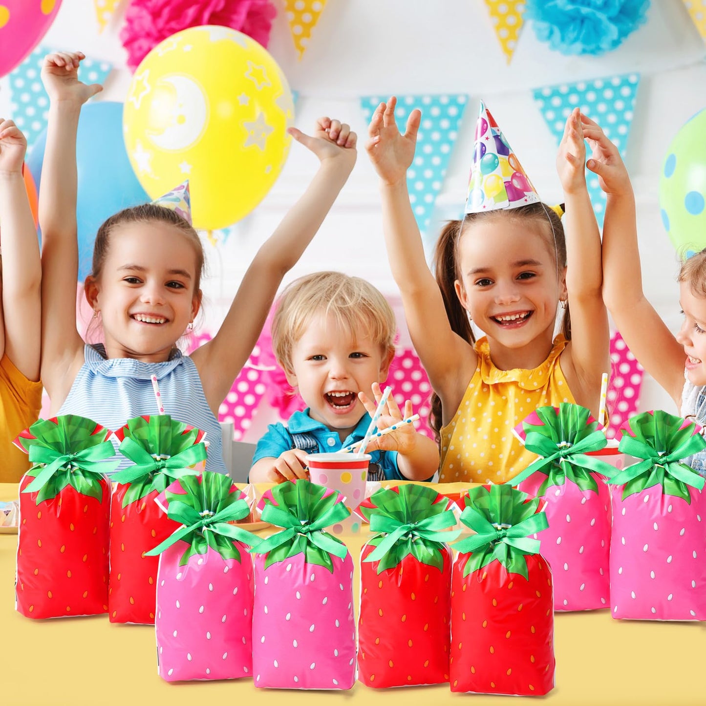 Pasimy 50 Pcs Strawberry Gift Bags Bulk 5.9 x 9 in Plastic Red Pink Strawberry Party Drawstring Favor Treat Goodie Candy Bags for Strawberrys Party Strawberrys Birthday Decorations Supplies, 2 Designs