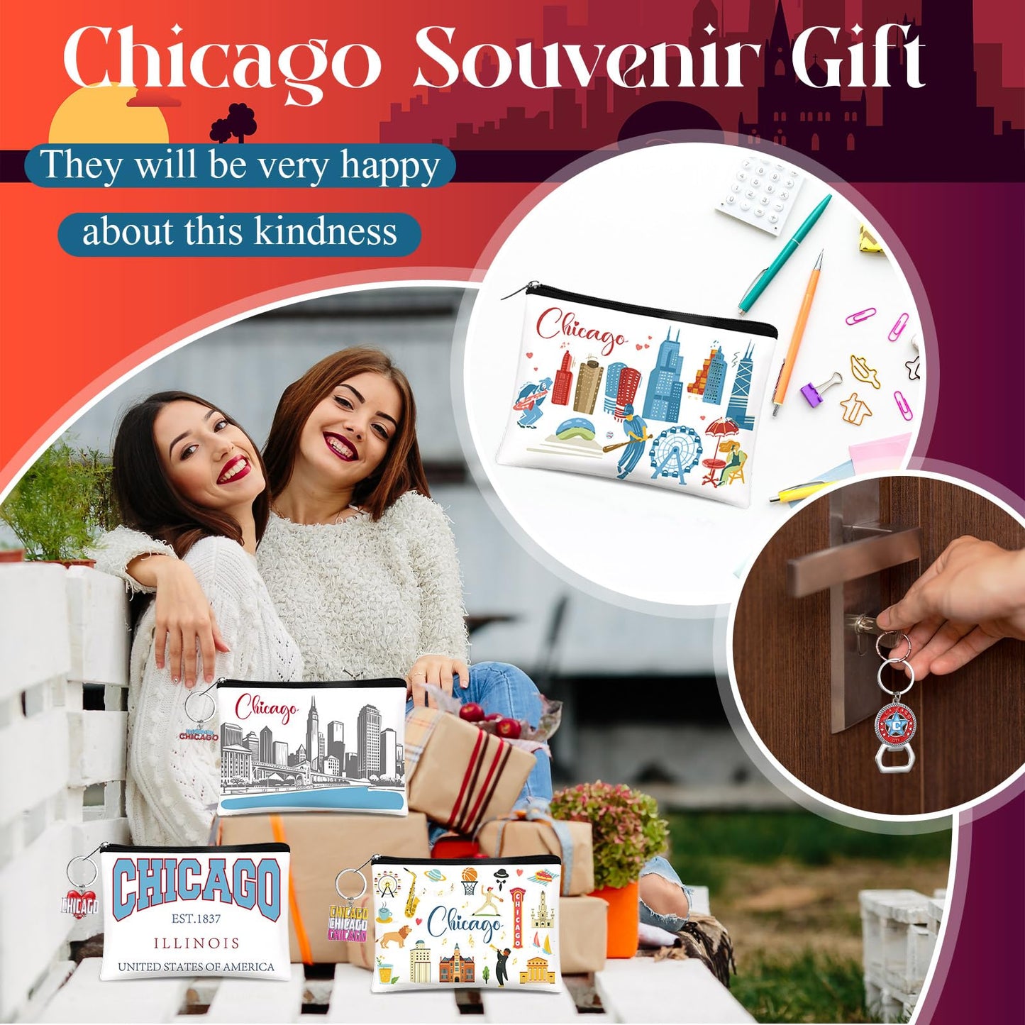 Reginary 24 Pcs State Souvenir Gifts 12 Metal Keychain 12 Cosmetic Bag USA Souvenir Themed Gifts for Traveler Christmas Party(Chicago)