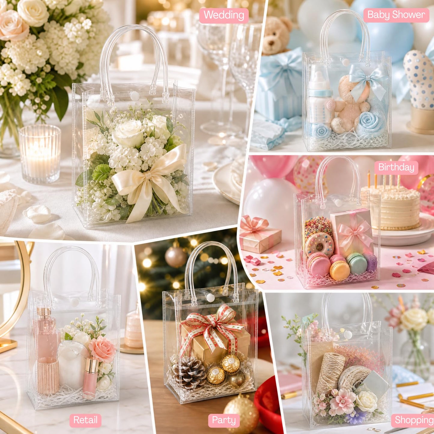 ZENFUN 80 Pack Clear PVC Gift Bags with Handles, Small Reusable Plastic Party Favor Bags, Transparent Goodie Bags Bulk for Wedding, Baby Shower, Birthday, Shopping Retail (6.3 x 5.9 x 2.7 Inch)