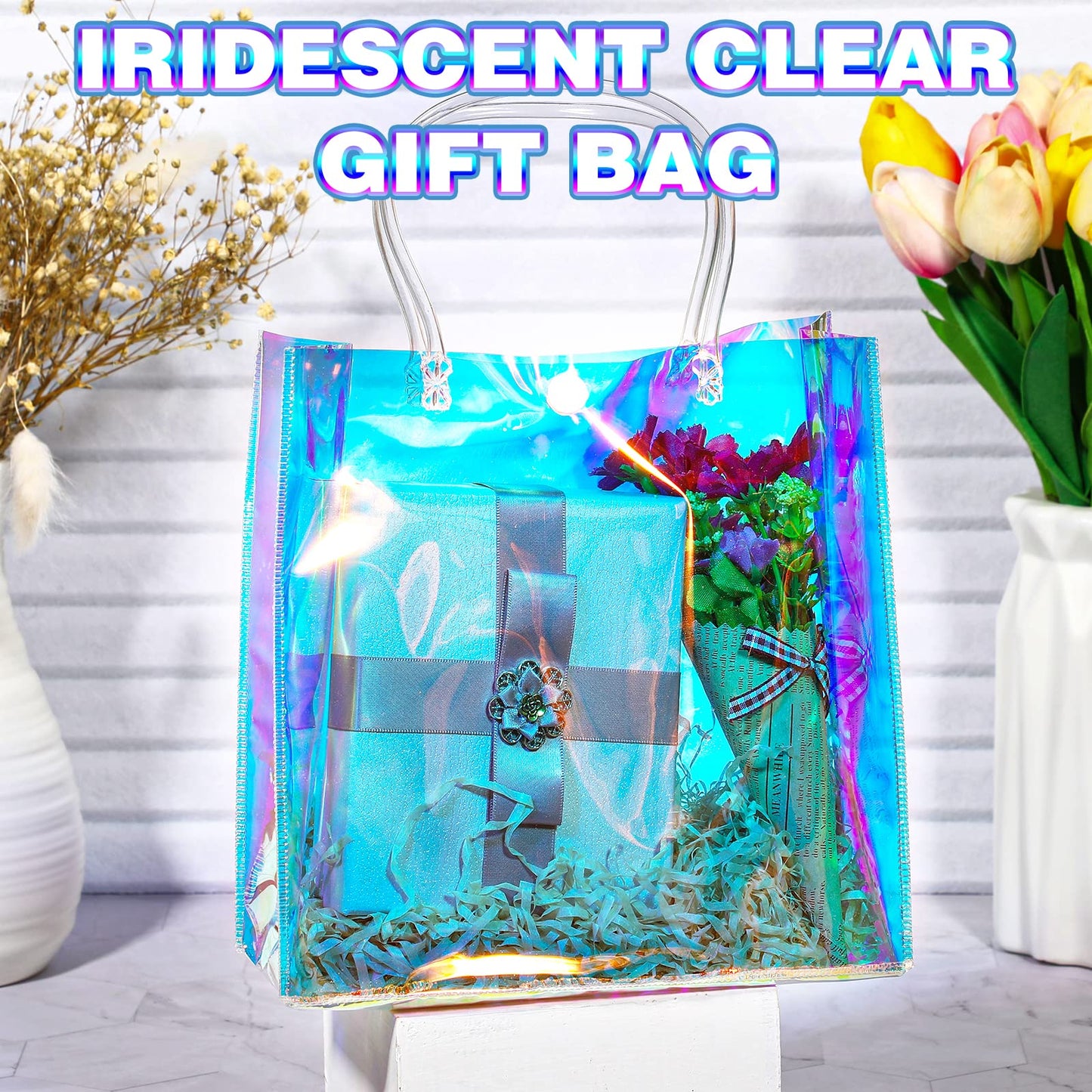 Sherr 25 Pcs Clear Holographic Small Gift Bag Iridescent Reusable PVC Plastic Gift Wrap Tote Bag for Shopping Wedding Birthday Baby Shower Party Favor, 7.87" x 7.87" x 3.15"