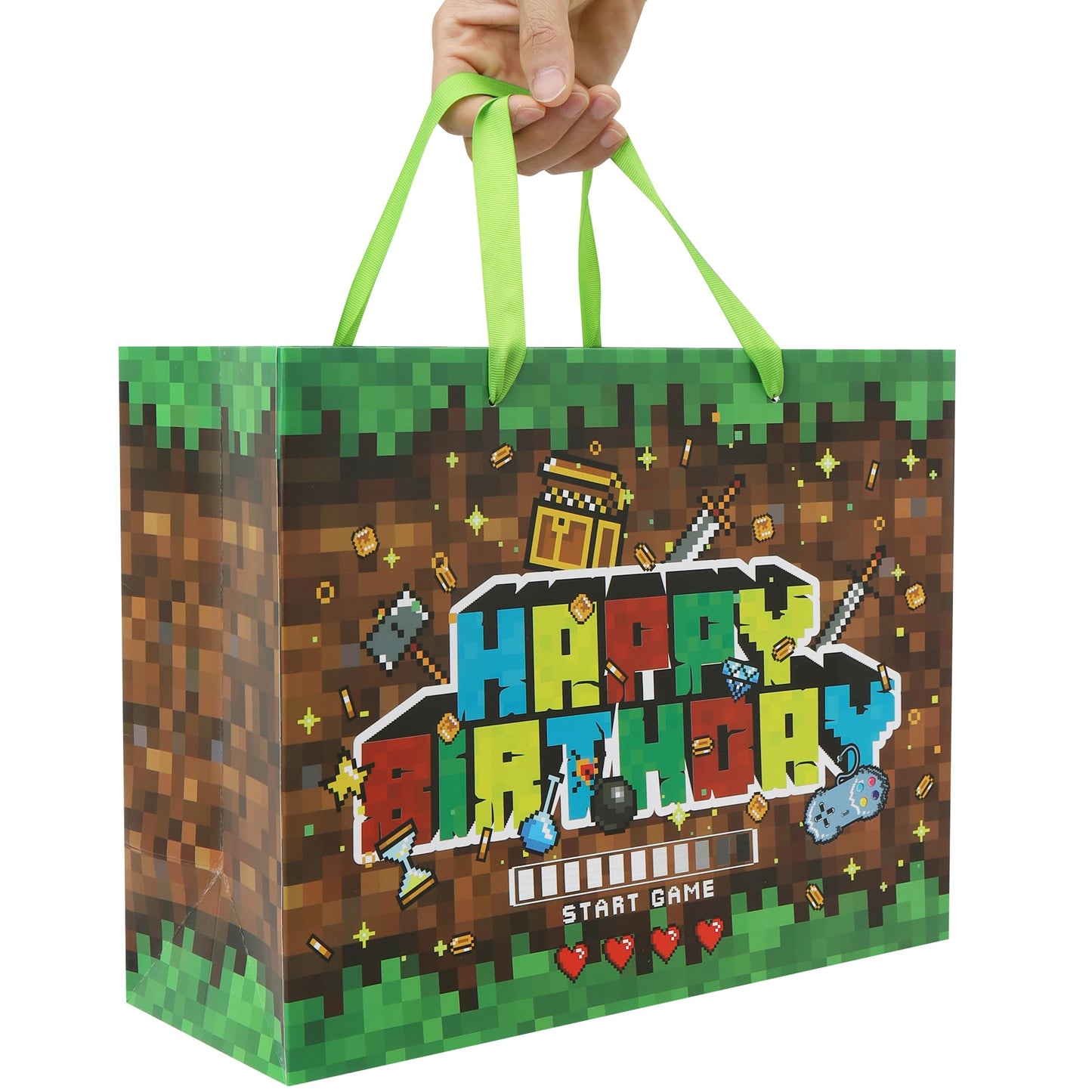 wishinside 13'' Large Game Birthday Gift Bag Set with Handles, Greeting Card, Black Tissue Papers and Stickers for Boys Kids Teens, Game-Themed Design, 1 Pcs